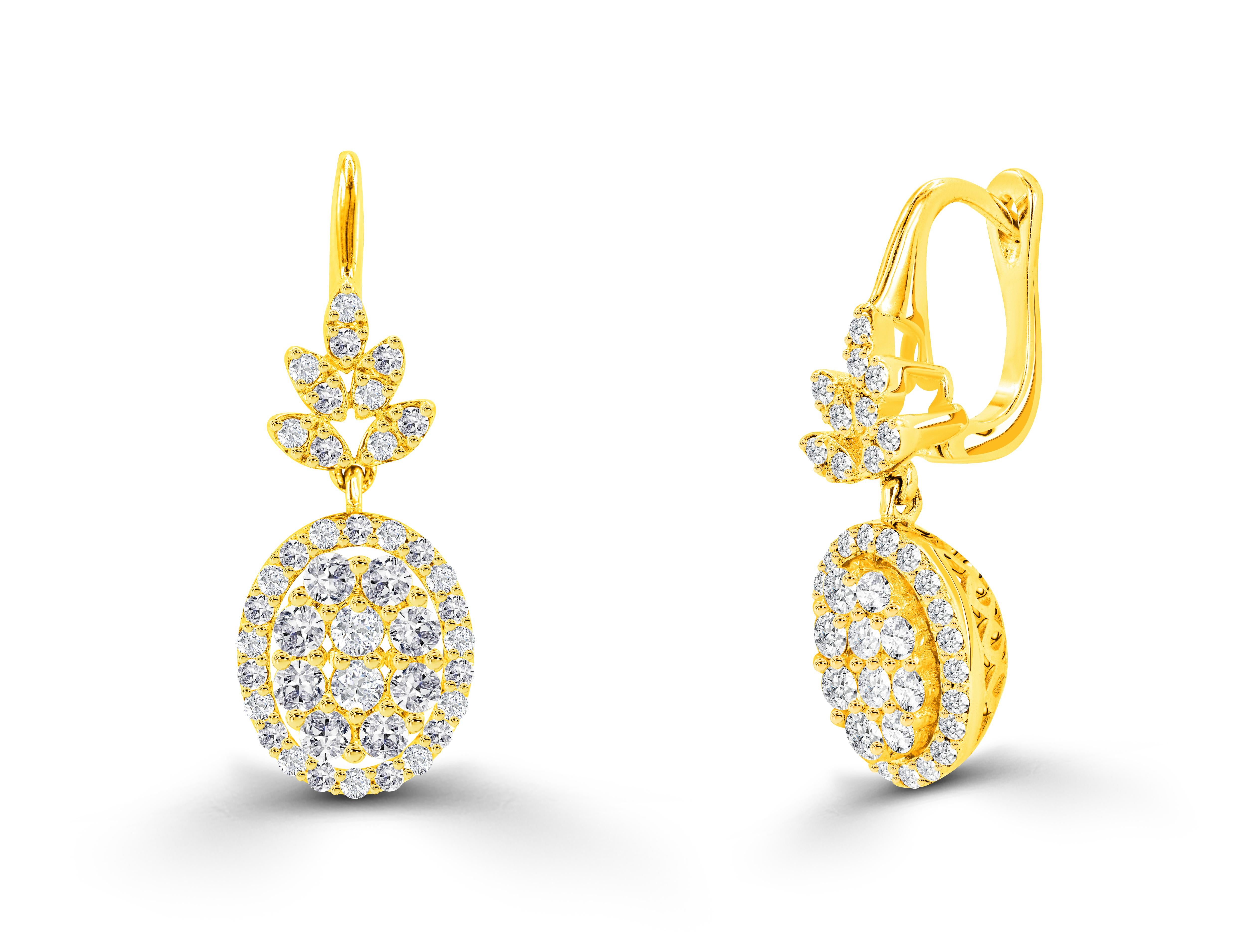 Modern 1.08ct Diamond Flower Drop Earrings 18k Gold For Sale