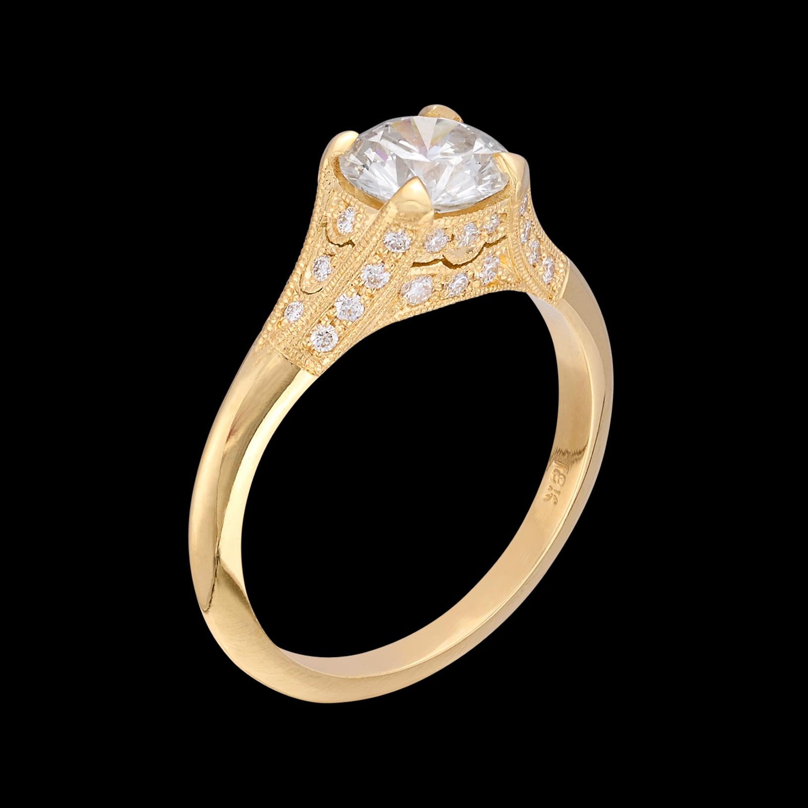 Round Cut 1.08-Ct. Diamond & Yellow Gold Engagement Ring For Sale