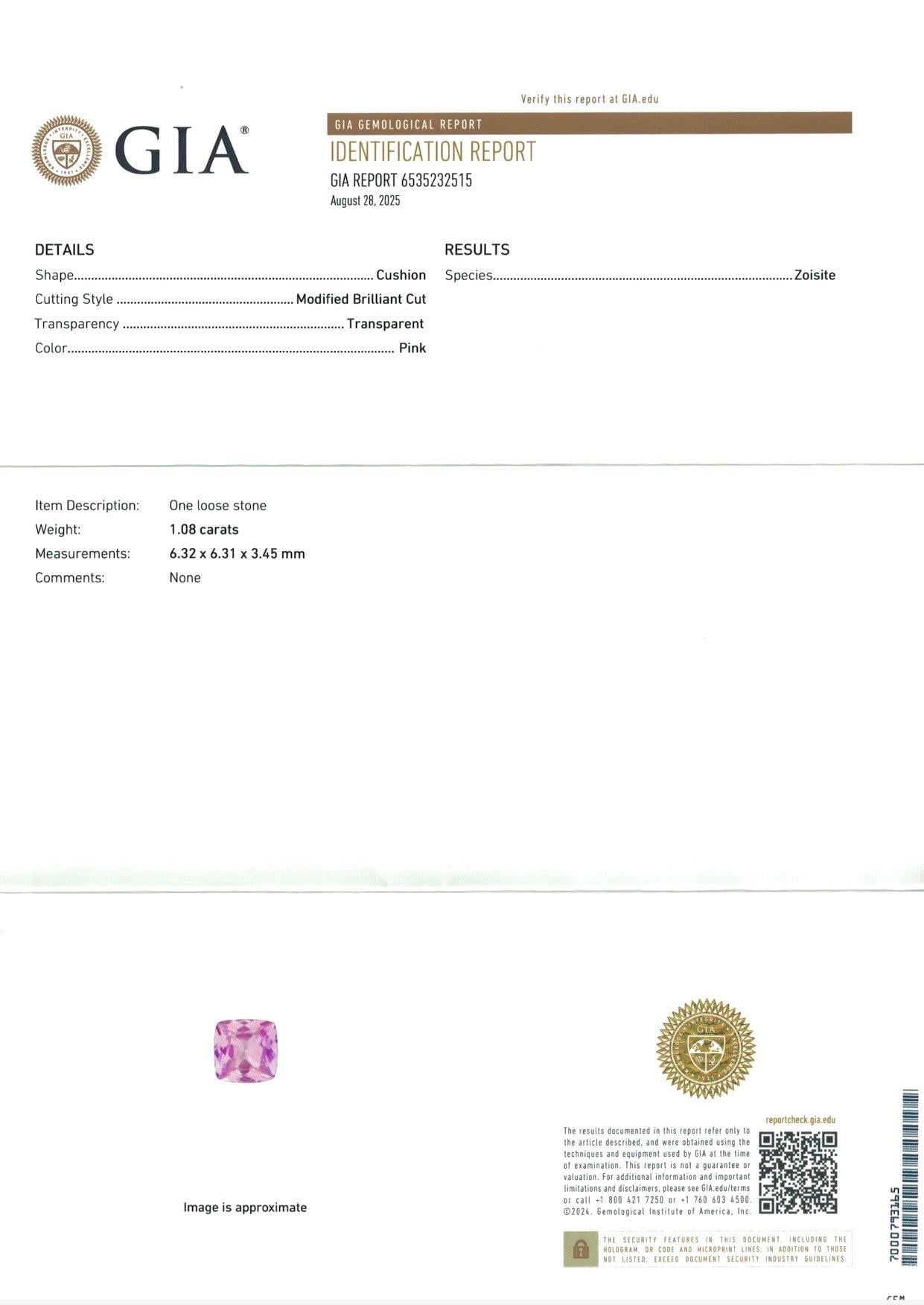 1.08 Ct GIA Certificate Natural Pink Tanzanite Unheated Zoisite Cushion shape In New Condition For Sale In bangkok, TH