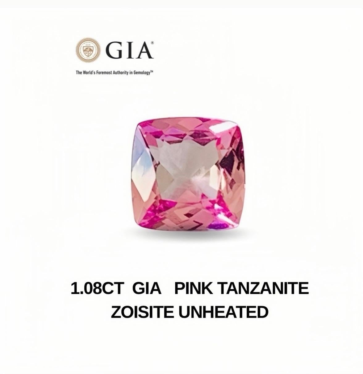 Women's or Men's 1.08 Ct GIA Certificate Natural Pink Tanzanite Unheated Zoisite Cushion shape For Sale