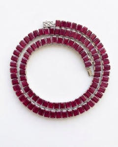 108 Ct Pinkish Red Ruby Emerald Cut Necklace 925 Silver Ruby Tennis Necklace