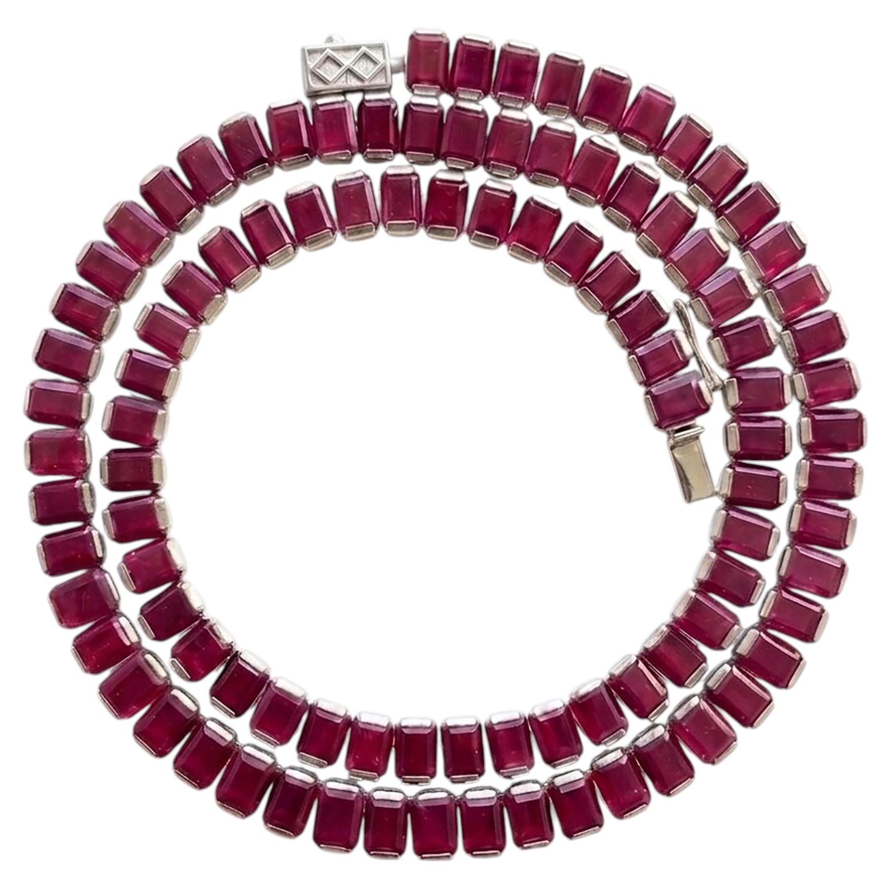 108 Ct Pinkish Red Ruby Emerald Cut Necklace 925 Silver Ruby Tennis Necklace