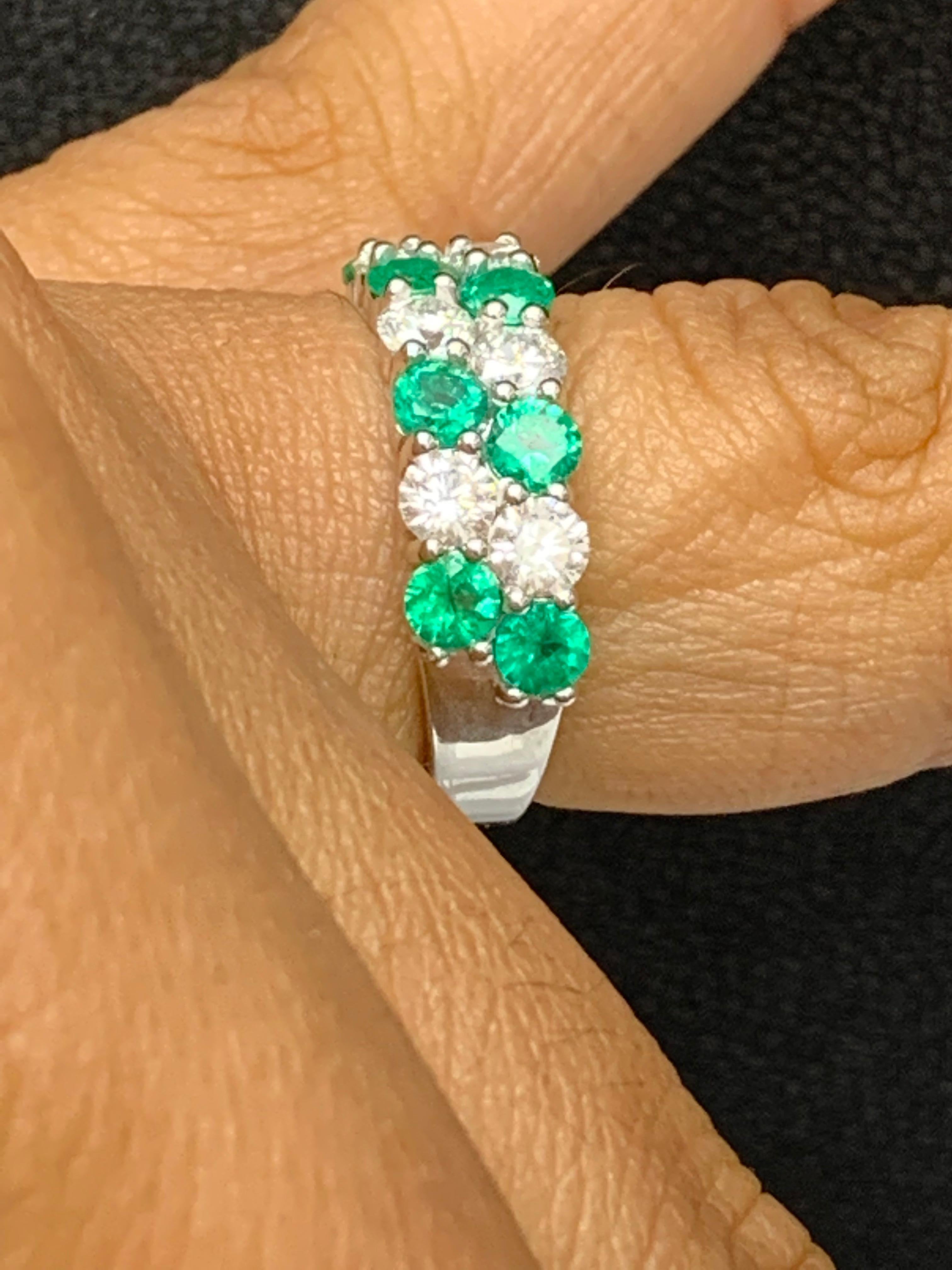 1.08 Ct Round Cut Emerald and Diamond Double Row ZicZac Band Ring 14K White Gold For Sale 9