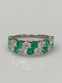 1.08 Ct Round Cut Emerald and Diamond Double Row ZicZac Band Ring 14K White Gold