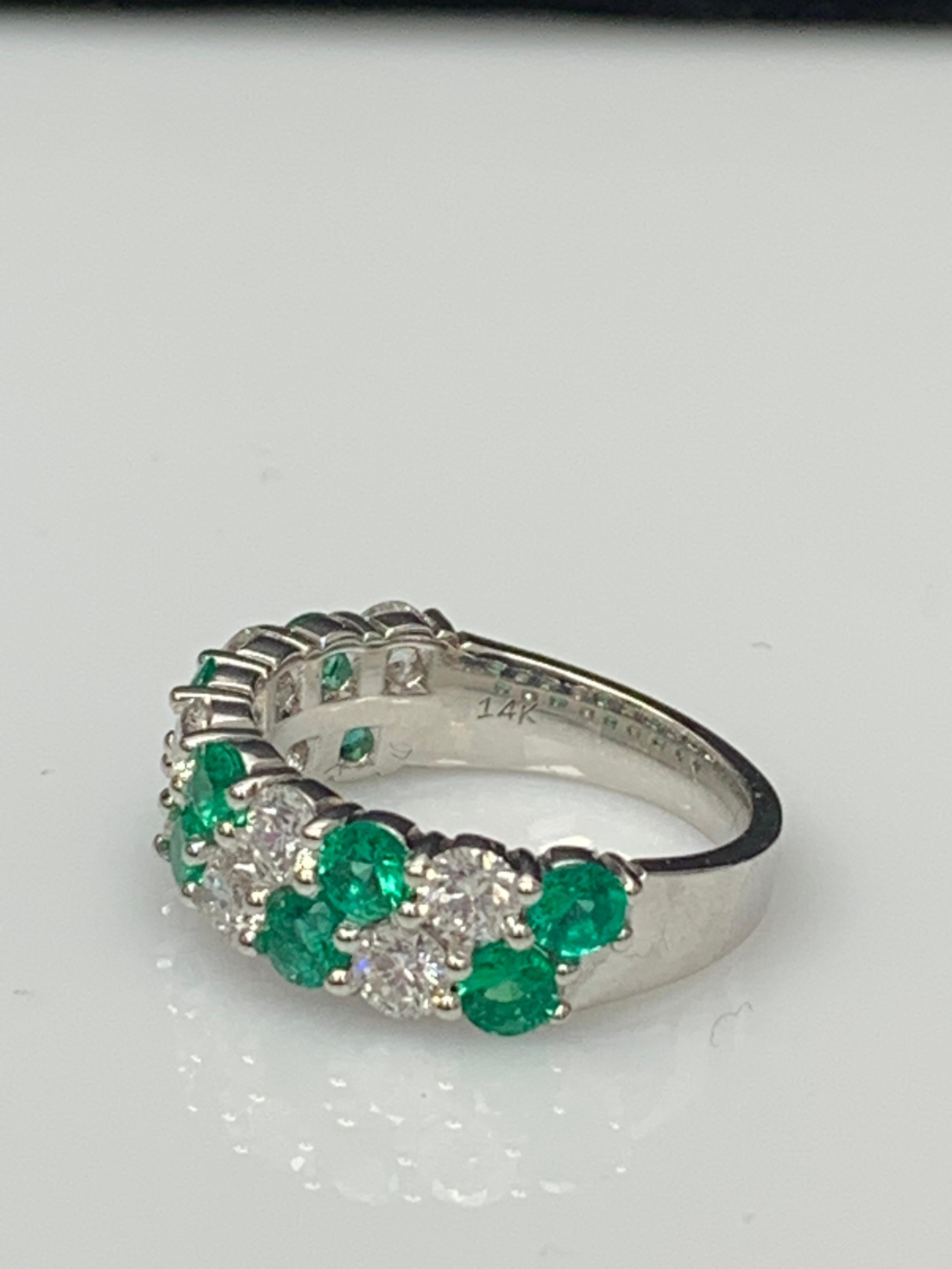 Women's 1.08 Ct Round Cut Emerald and Diamond Double Row ZicZac Band Ring 14K White Gold For Sale