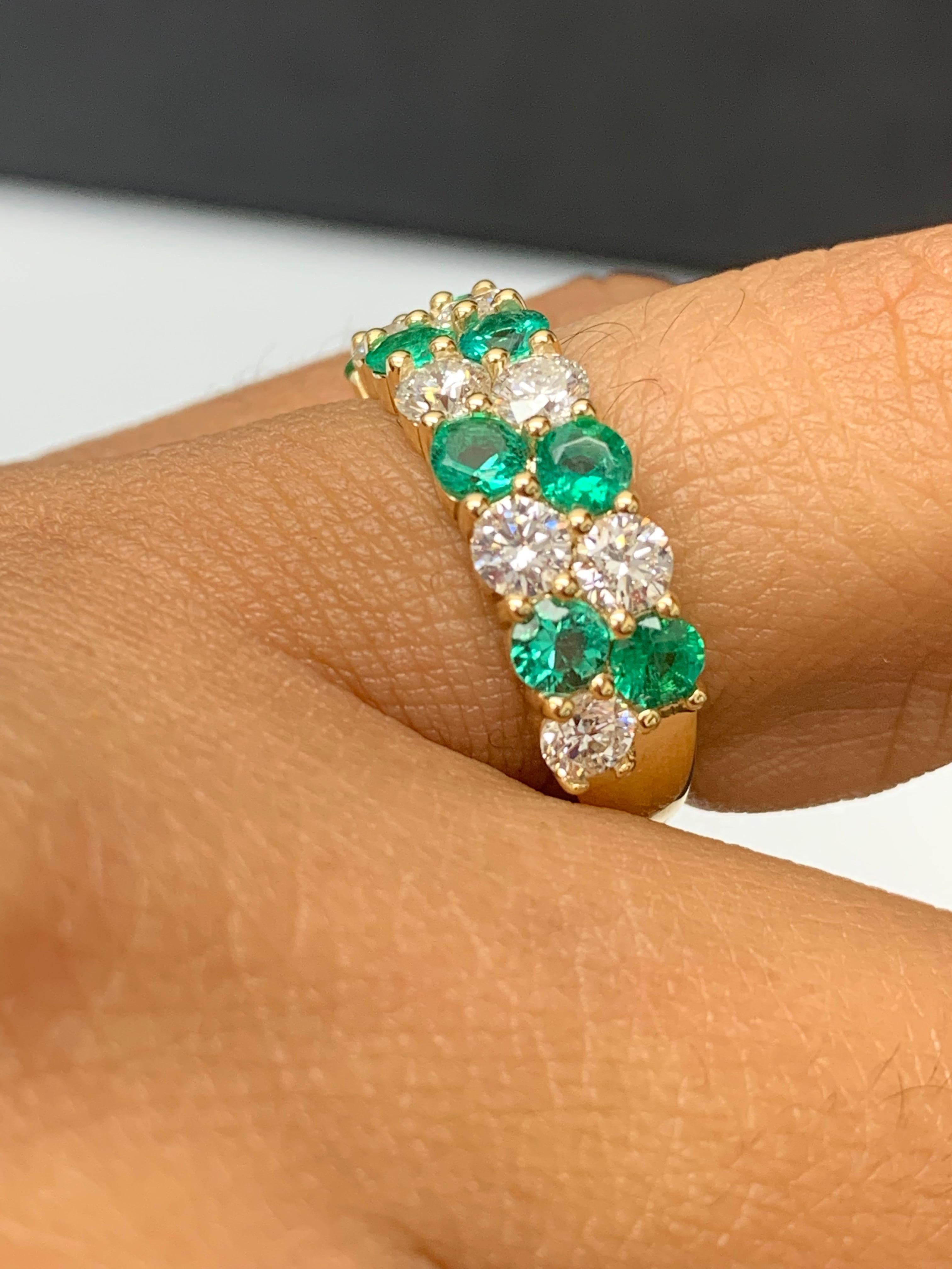 1.08 Ct Round Cut Emerald Diamond Double Row ZicZac Band Ring 14K Yellow Gold For Sale 10