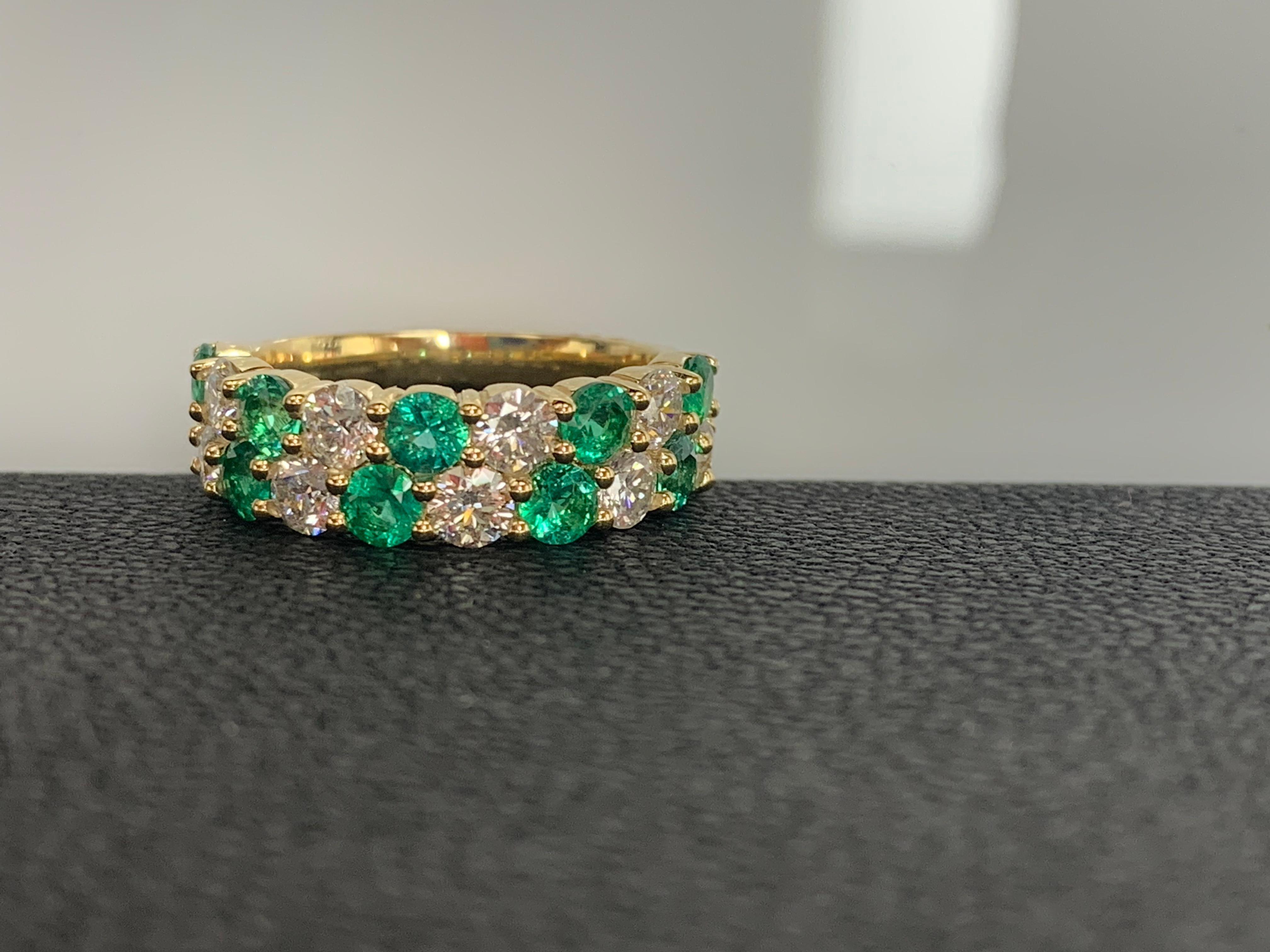 A unique and fashionable ZicZac ring showcasing two rows of round-shape 10 emerald and 9 diamonds, set in a band design. Emerald weighs 1.08 carats and Diamonds weigh 1.52 carats total. A brilliant and masterfully-made piece.

Style available in