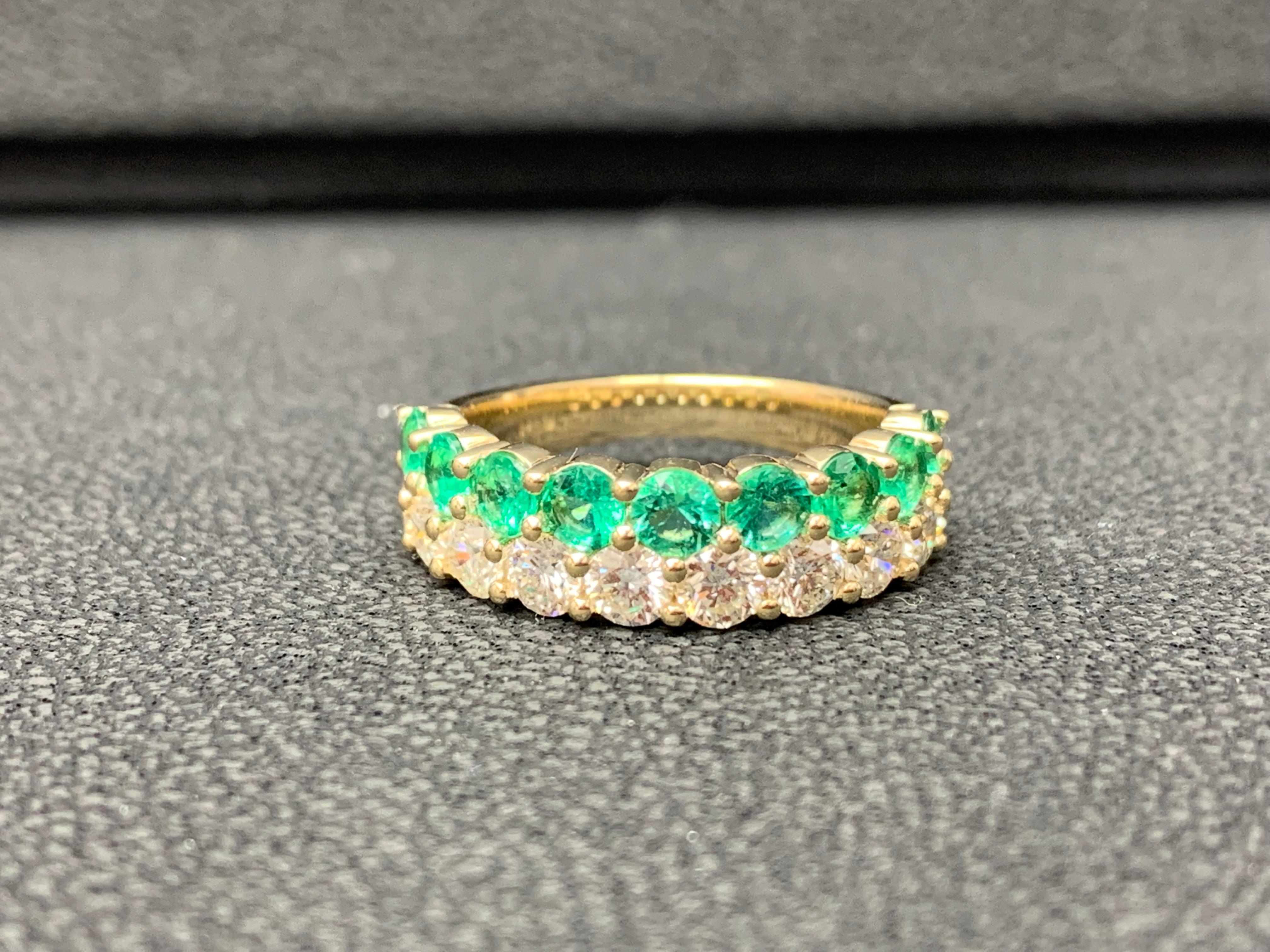 A unique and fashionable ring showcasing two rows of round-shape 9 emeralds and 10 diamonds, set in a band design. Emeralds weigh 1.08 carats and Diamonds weigh 1.49 carats total. A brilliant and masterfully-made piece.

Style available in different