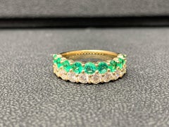 1.08 Ct Round Shape Emerald and Diamond Double Row Band Ring in 14K Yellow Gold