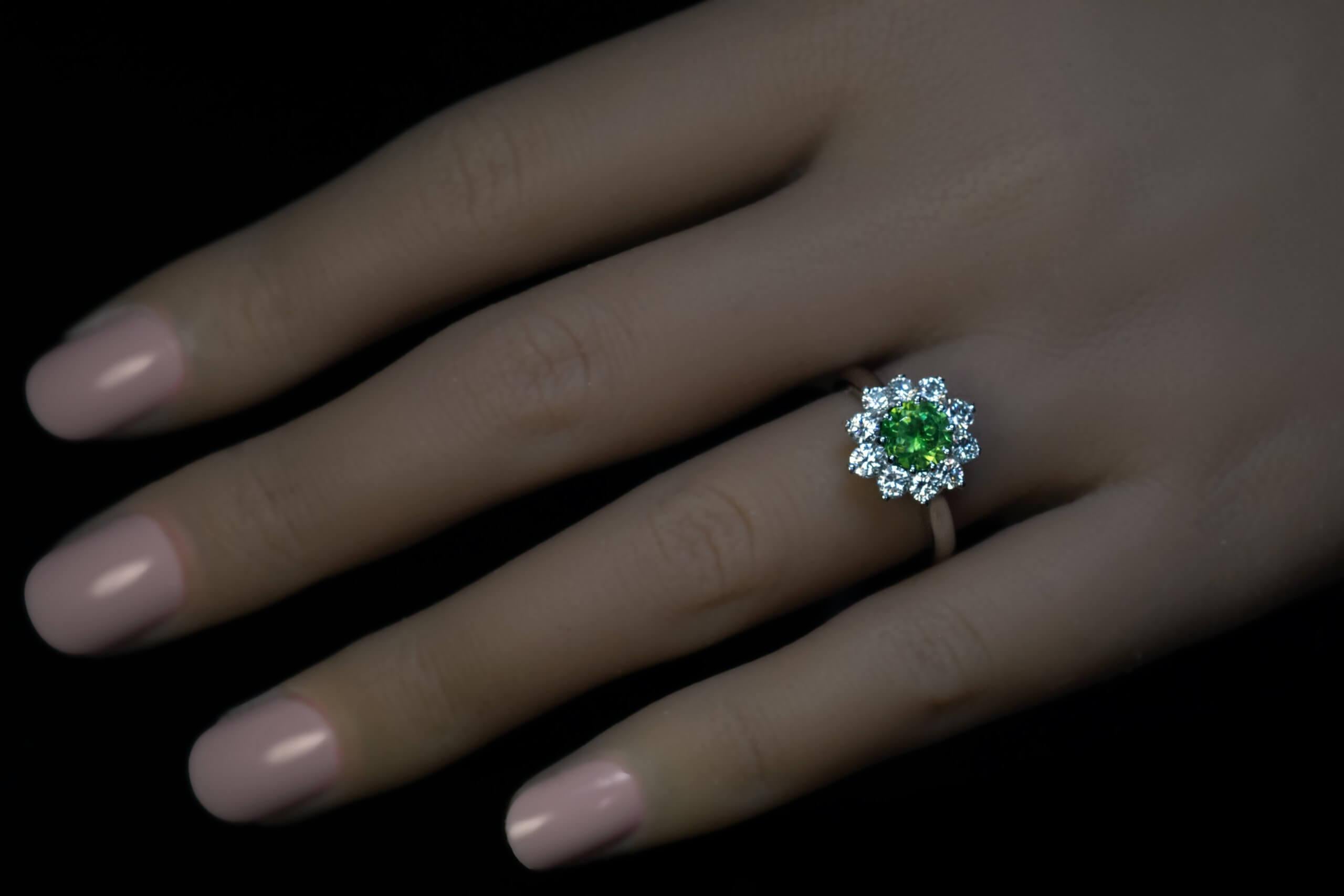 1.08 Ct Russian Demantoid Diamond Cluster Ring In New Condition For Sale In Chicago, IL