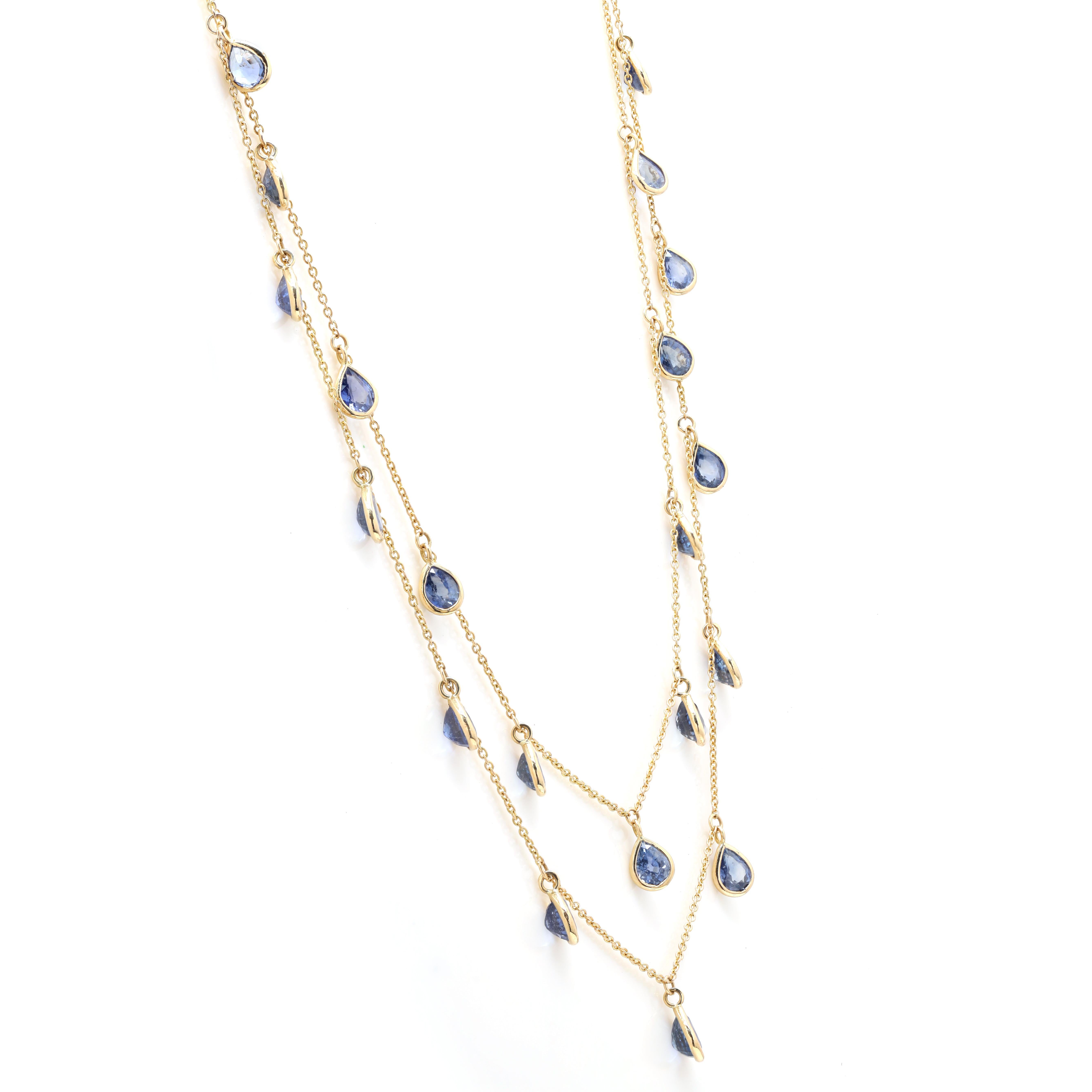 Zweistrangige Saphir-Halskette mit Halskette aus 18k Gelbgold, Tochter Weihnachtsgeschenk (Moderne) im Angebot