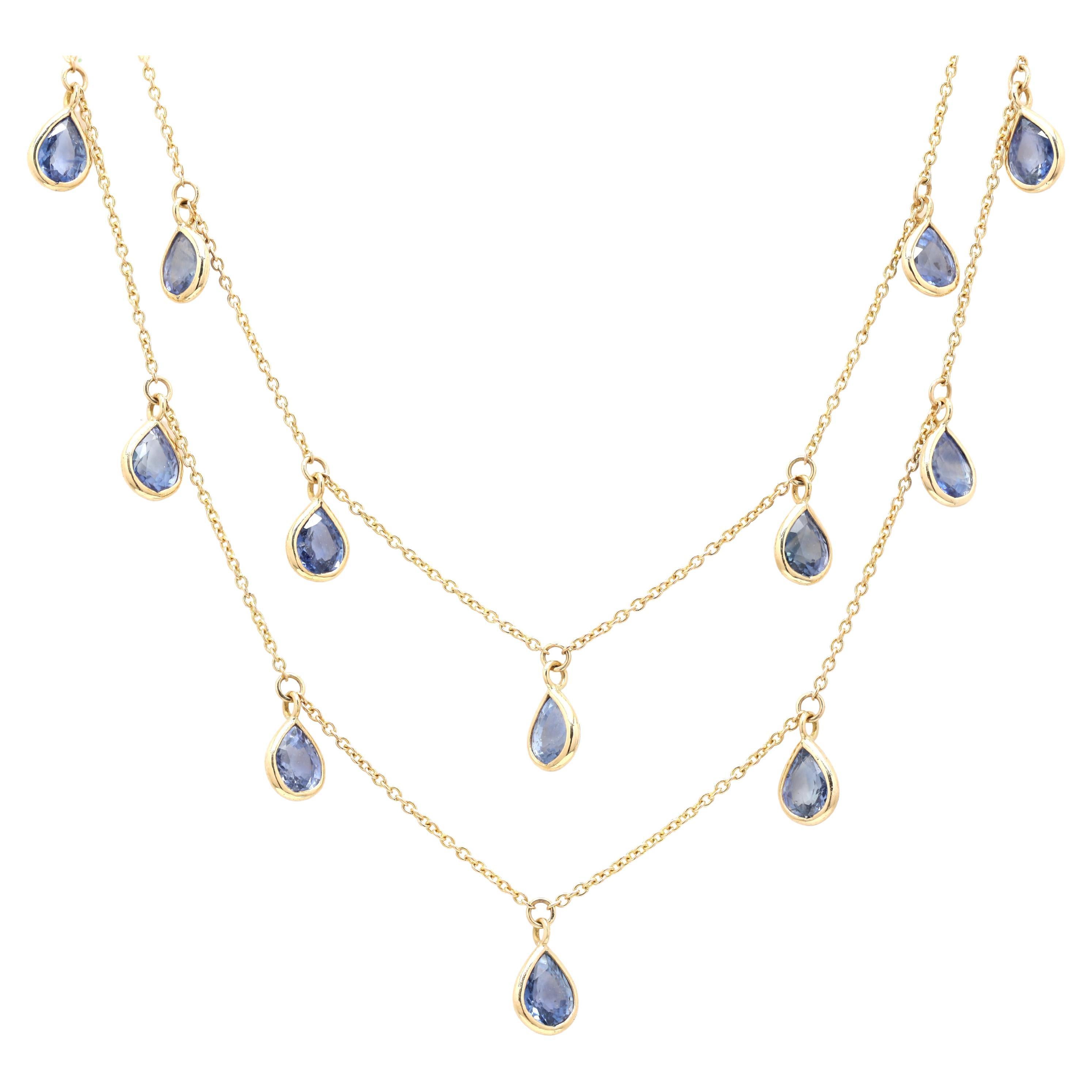 Sapphire Two Strand Chain Necklace 18k Yellow Gold, Daughter Christmas Gift For Sale