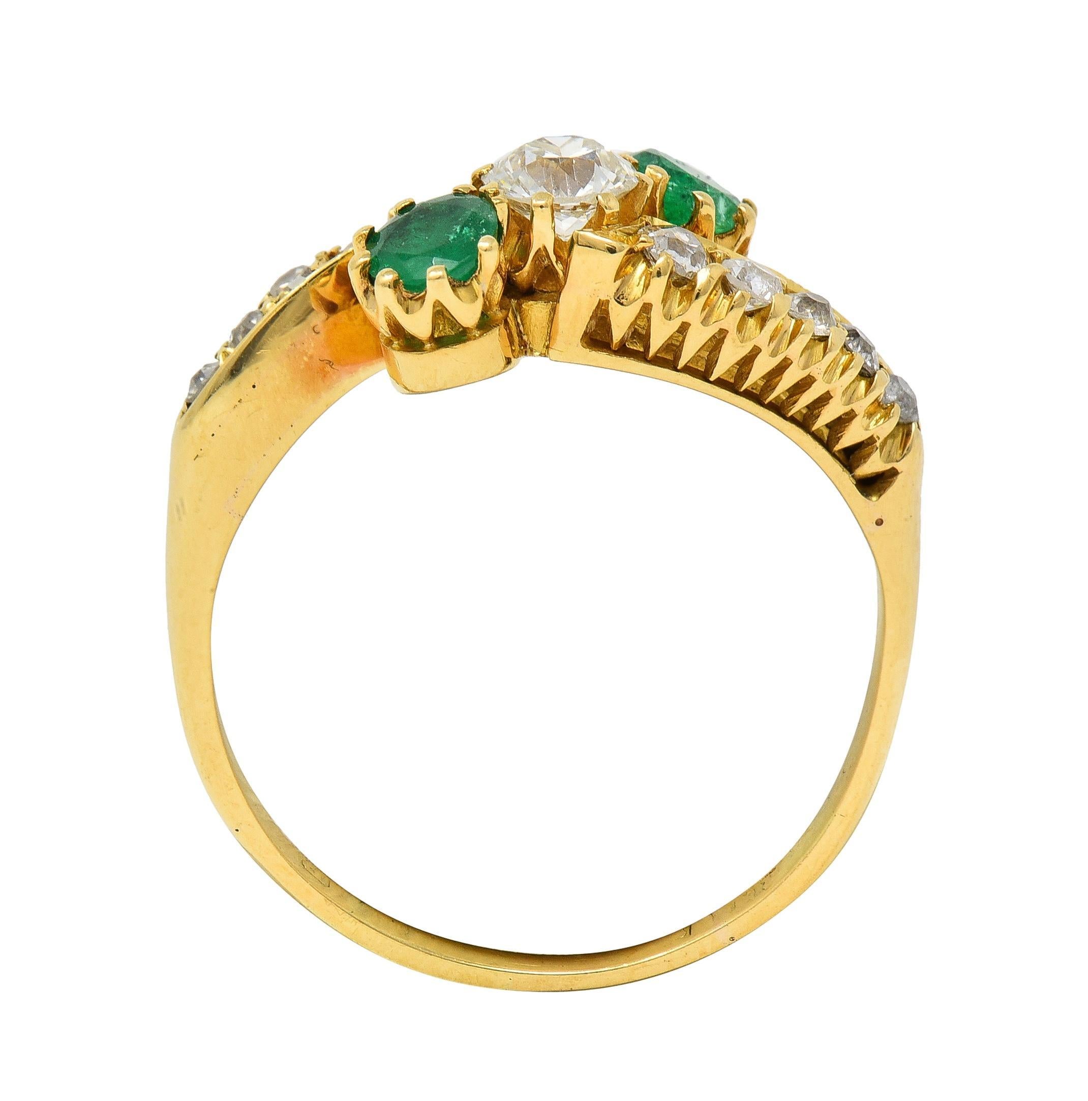1.08 CTW Emerald Diamond 18 Karat Yellow Gold Vintage Bypass Ring For Sale 4