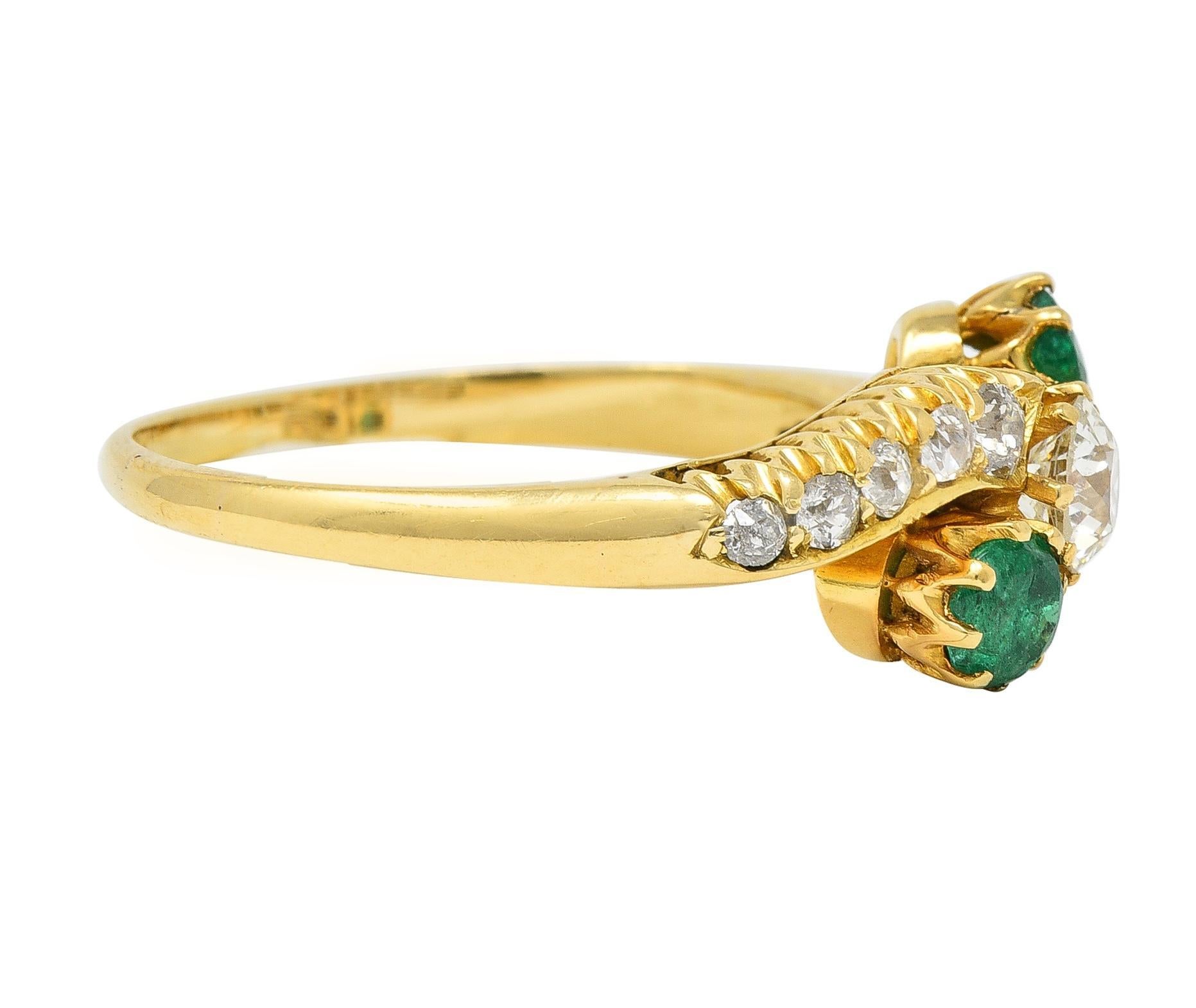 Old European Cut 1.08 CTW Emerald Diamond 18 Karat Yellow Gold Vintage Bypass Ring For Sale