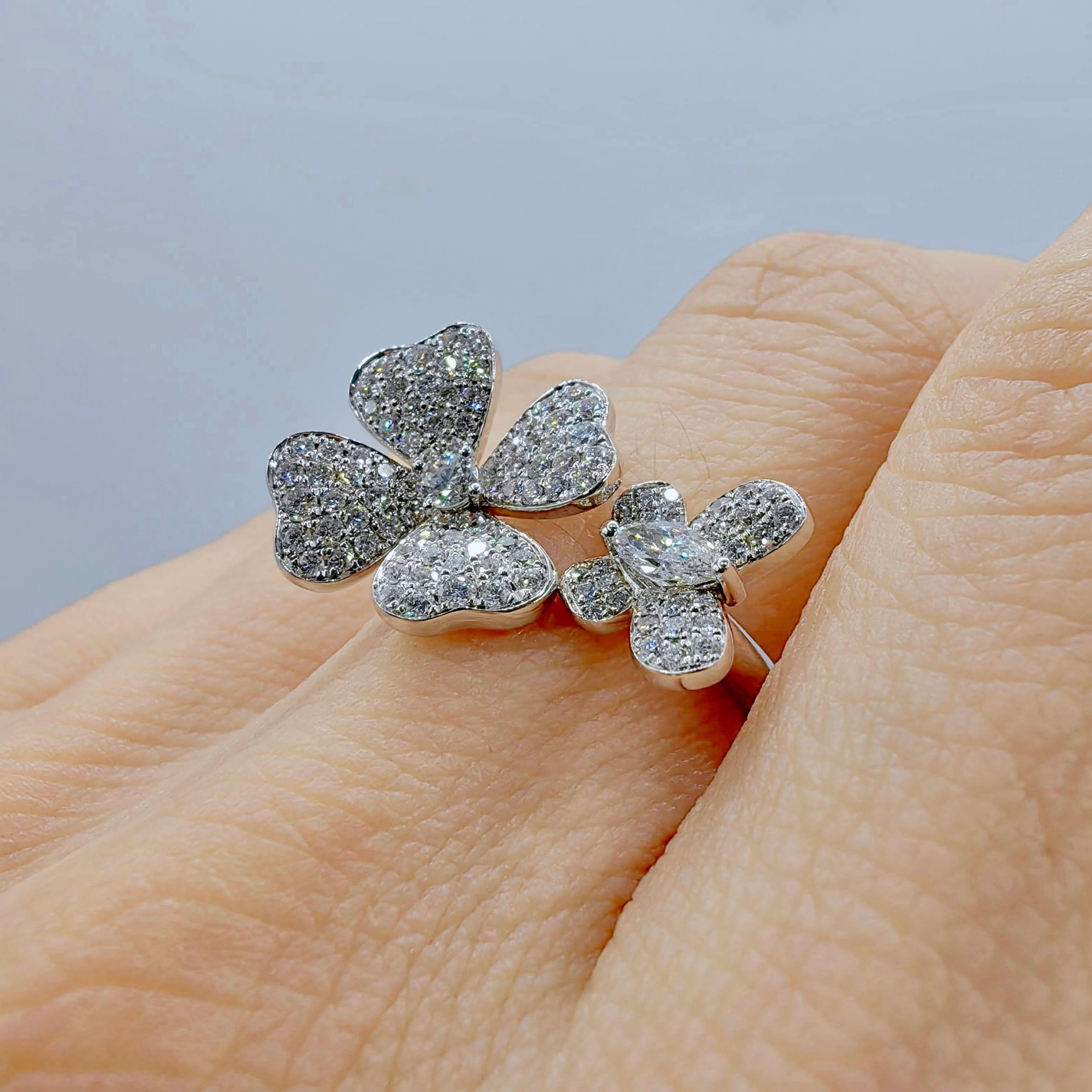 108 Diamond Flower and Butterfly Open Adjustable Ring in 18K White Gold en venta 1