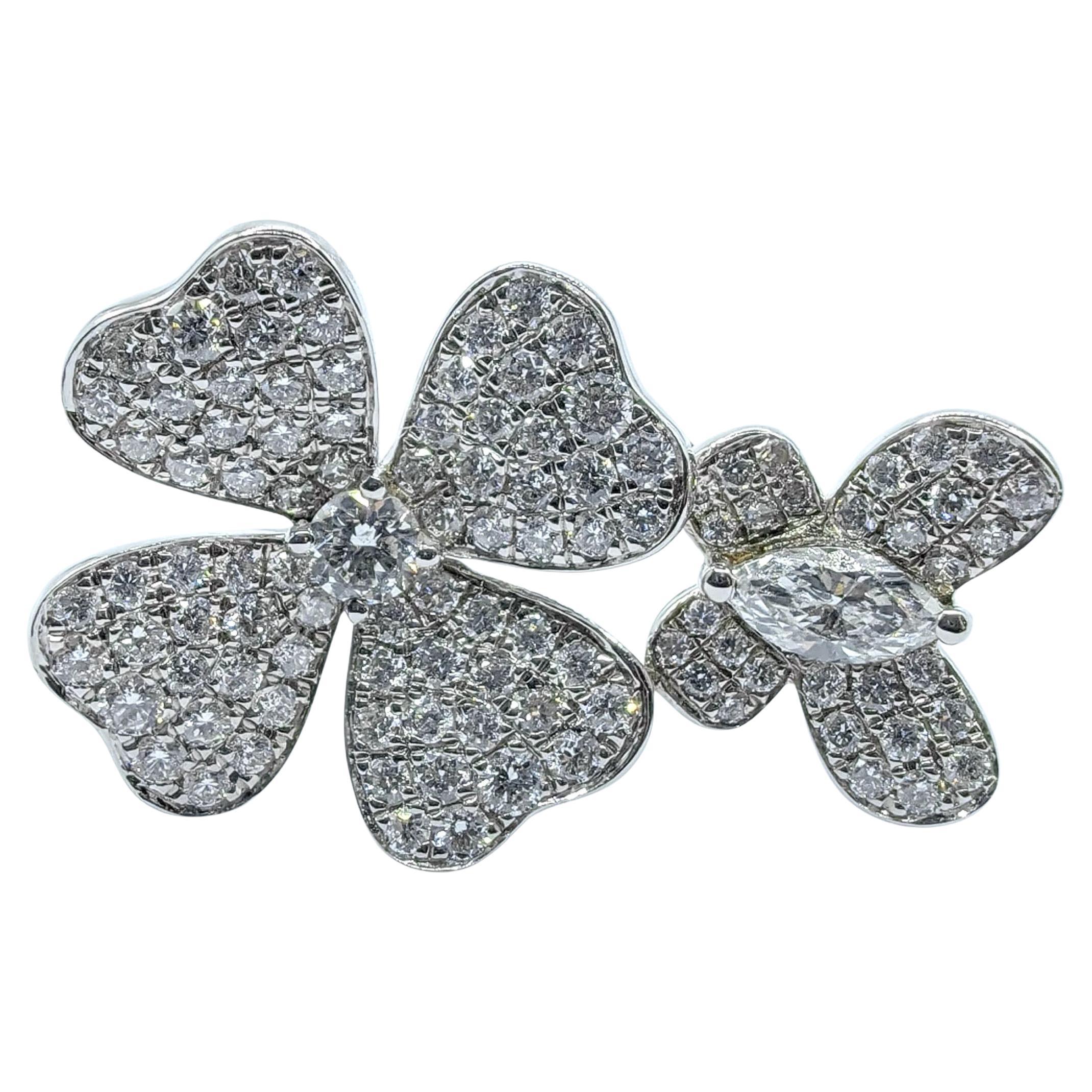 108 Diamond Flower and Butterfly Open Adjustable Ring in 18K White Gold