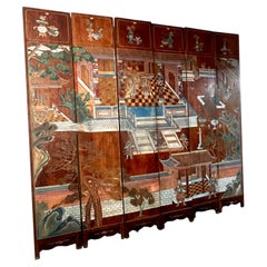 108 Inch Asian Hand Carved Wooden Folding Six Panel Screen