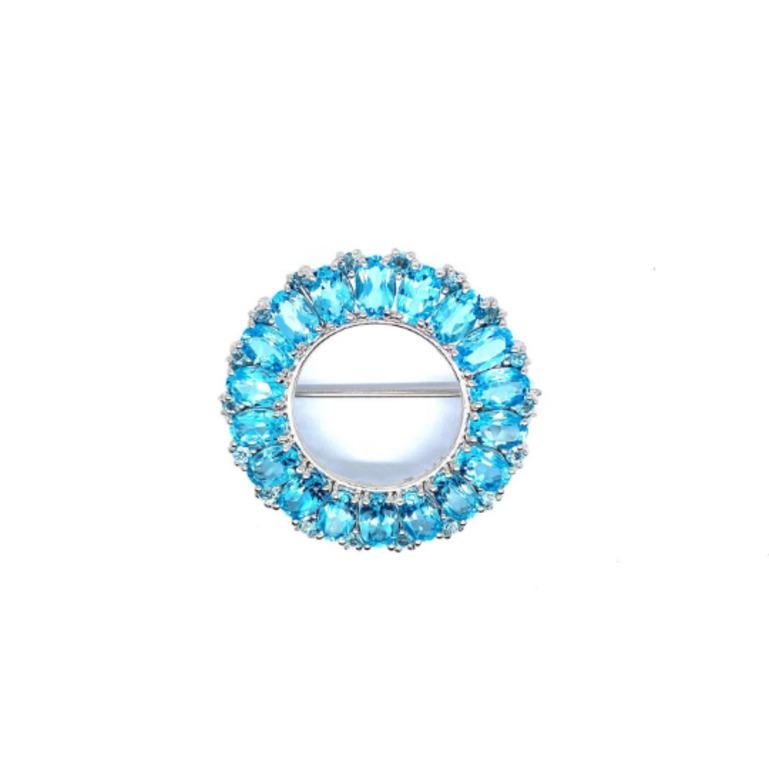Mixed Cut 10.80 Carat Blue Topaz Wreath Brooch in Sterling Silver For Sale