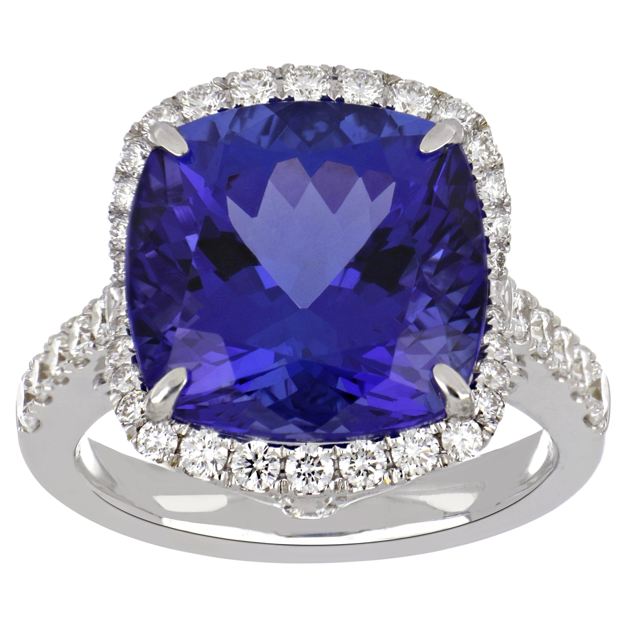 10.80 Carat Cushion Tanzanite Ring with Diamonds 18 Karat White Gold