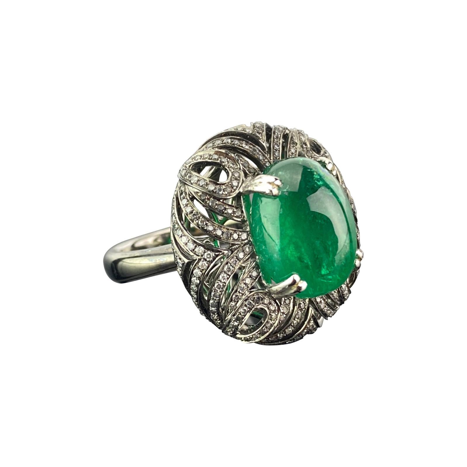 10.80 Carat Emerald Cabochon and Diamond 18K Gold Cocktail Ring For Sale