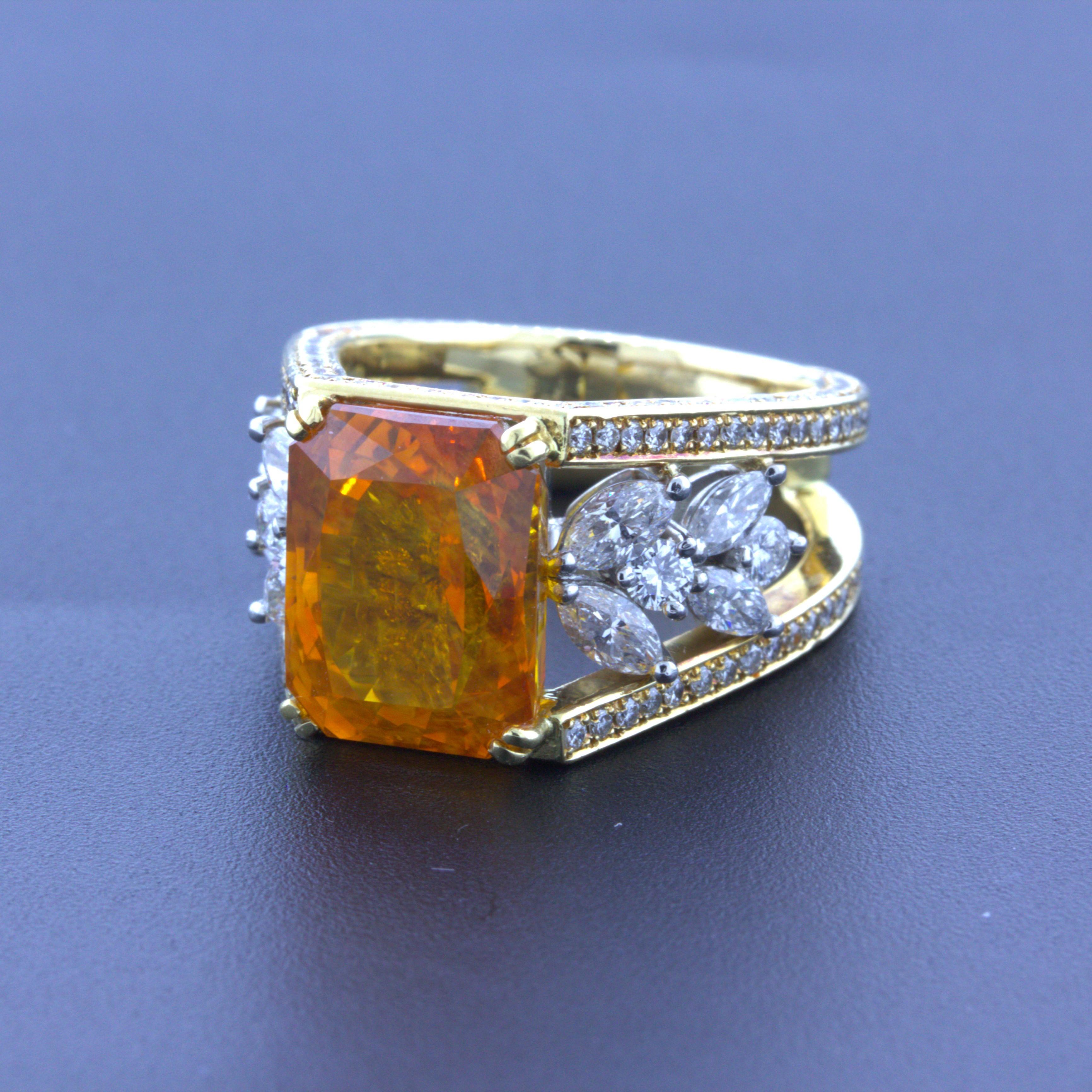 Emerald Cut 10.80 Carat Orange Sapphire Diamond Platinum & 18k Yellow Gold Ring For Sale