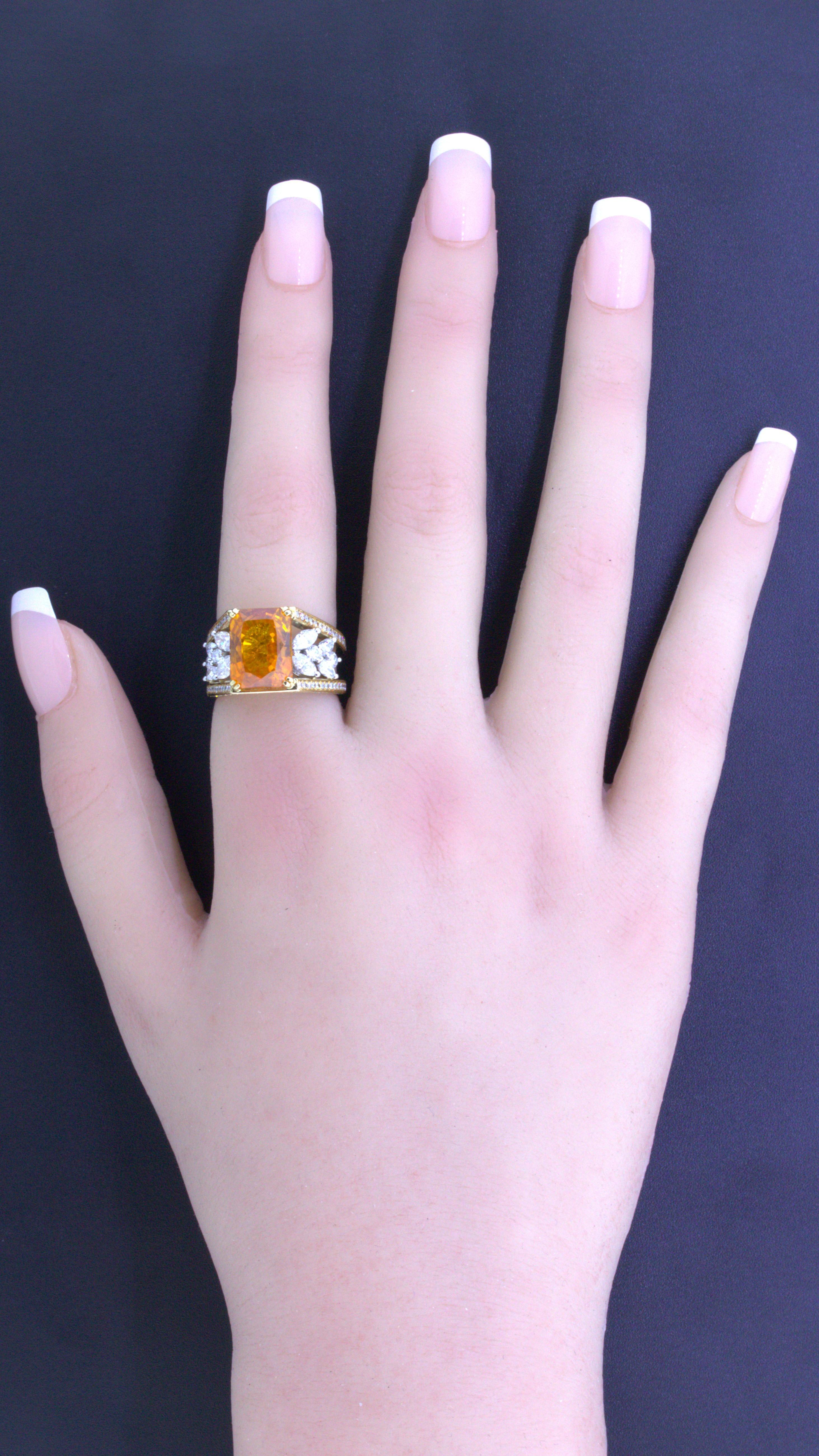 10.80 Carat Orange Sapphire Diamond Platinum & 18k Yellow Gold Ring For Sale 2