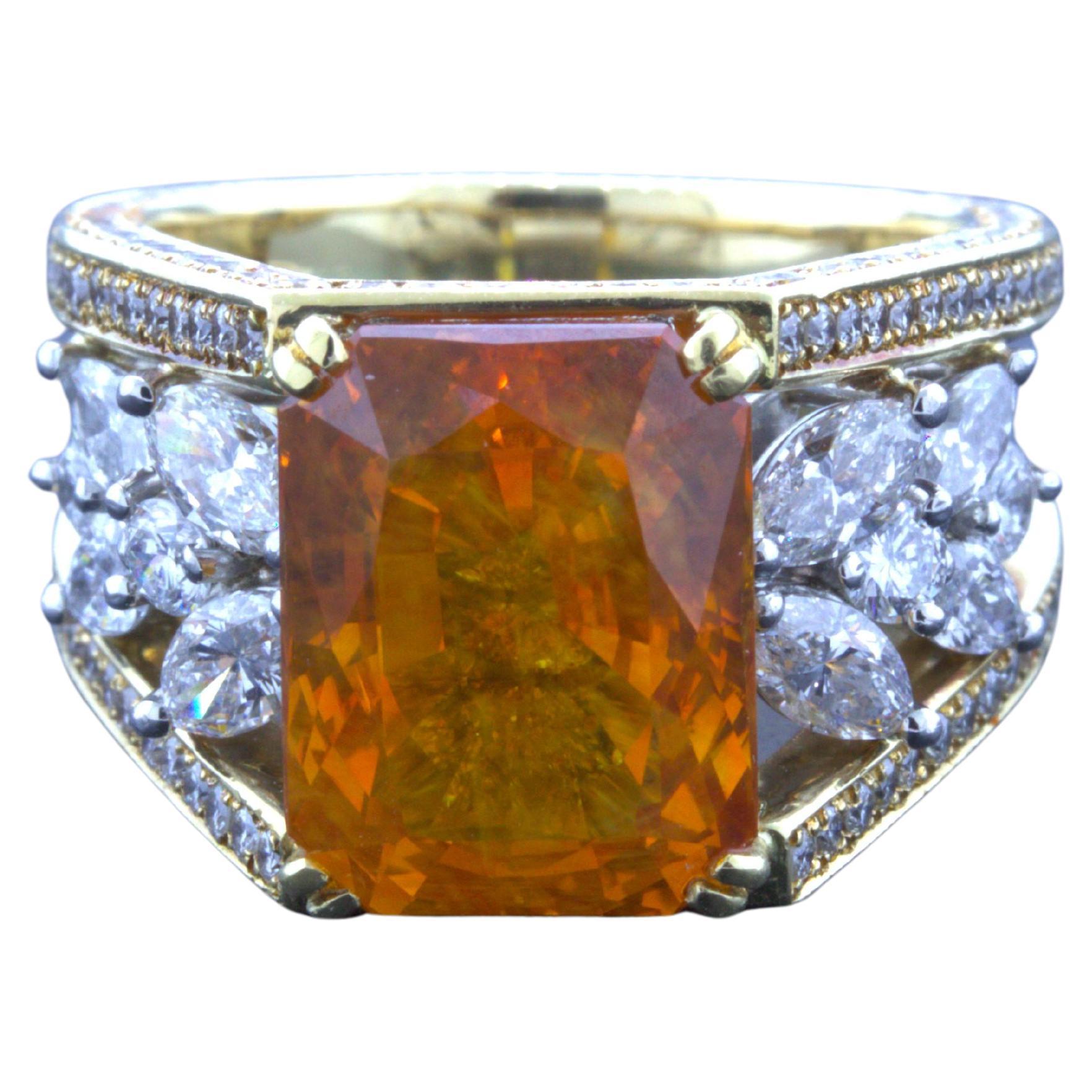 10.80 Carat Orange Sapphire Diamond Platinum & 18k Yellow Gold Ring