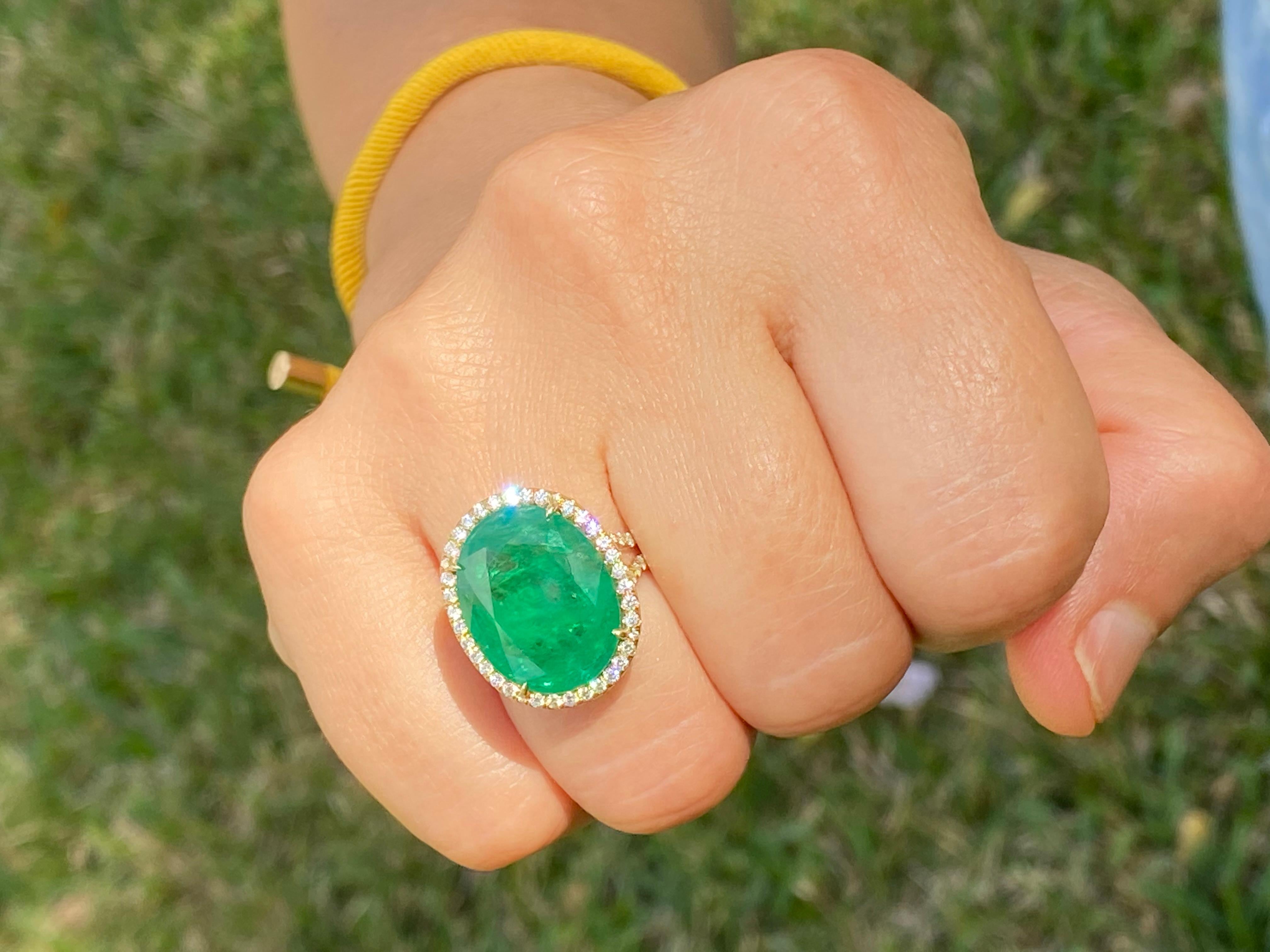 10.80 Carat Oval-Cut Emerald and Diamond 18 Karat Yellow Gold Ring For Sale 4