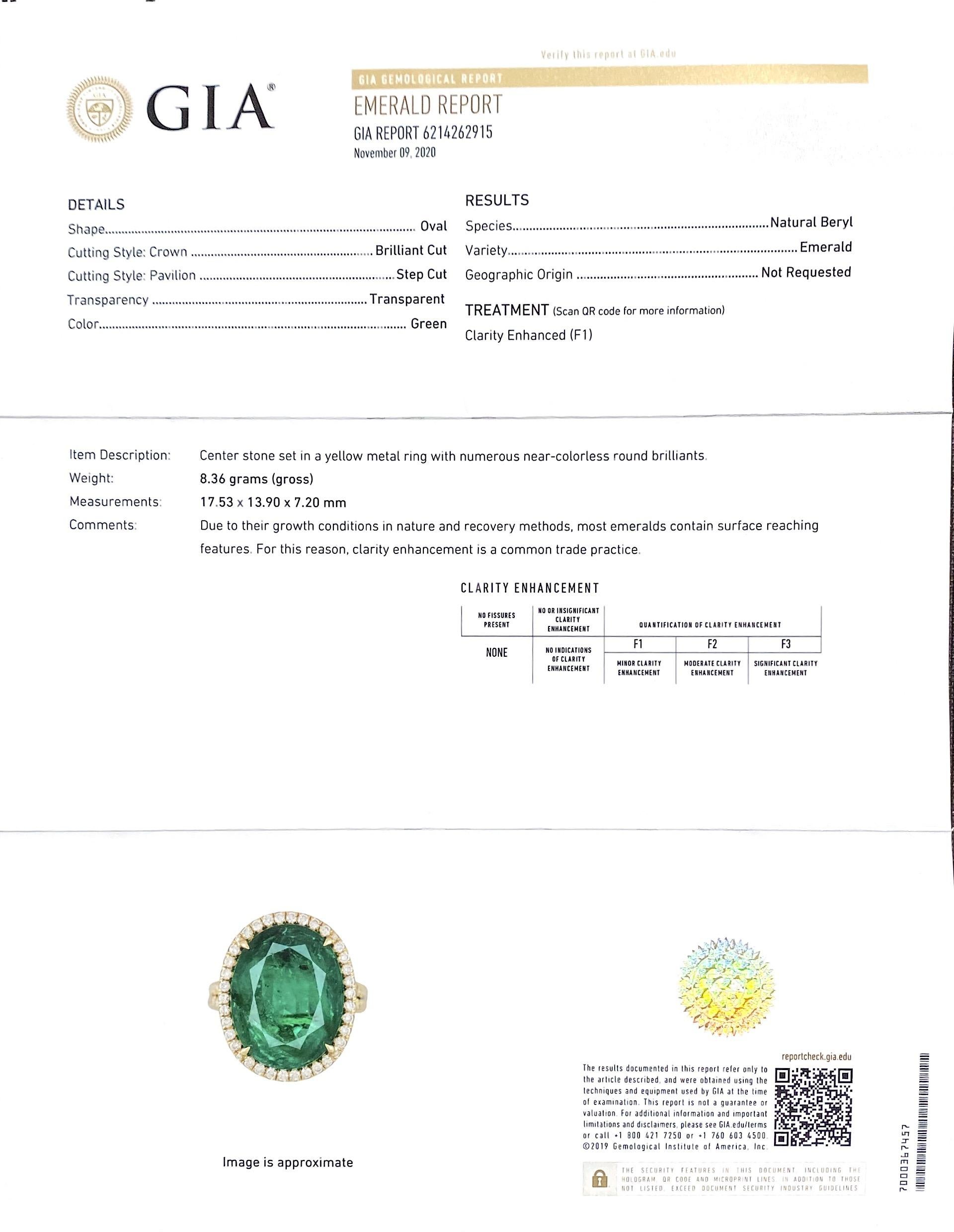 10.80 Carat Oval-Cut Emerald and Diamond 18 Karat Yellow Gold Ring For Sale 7
