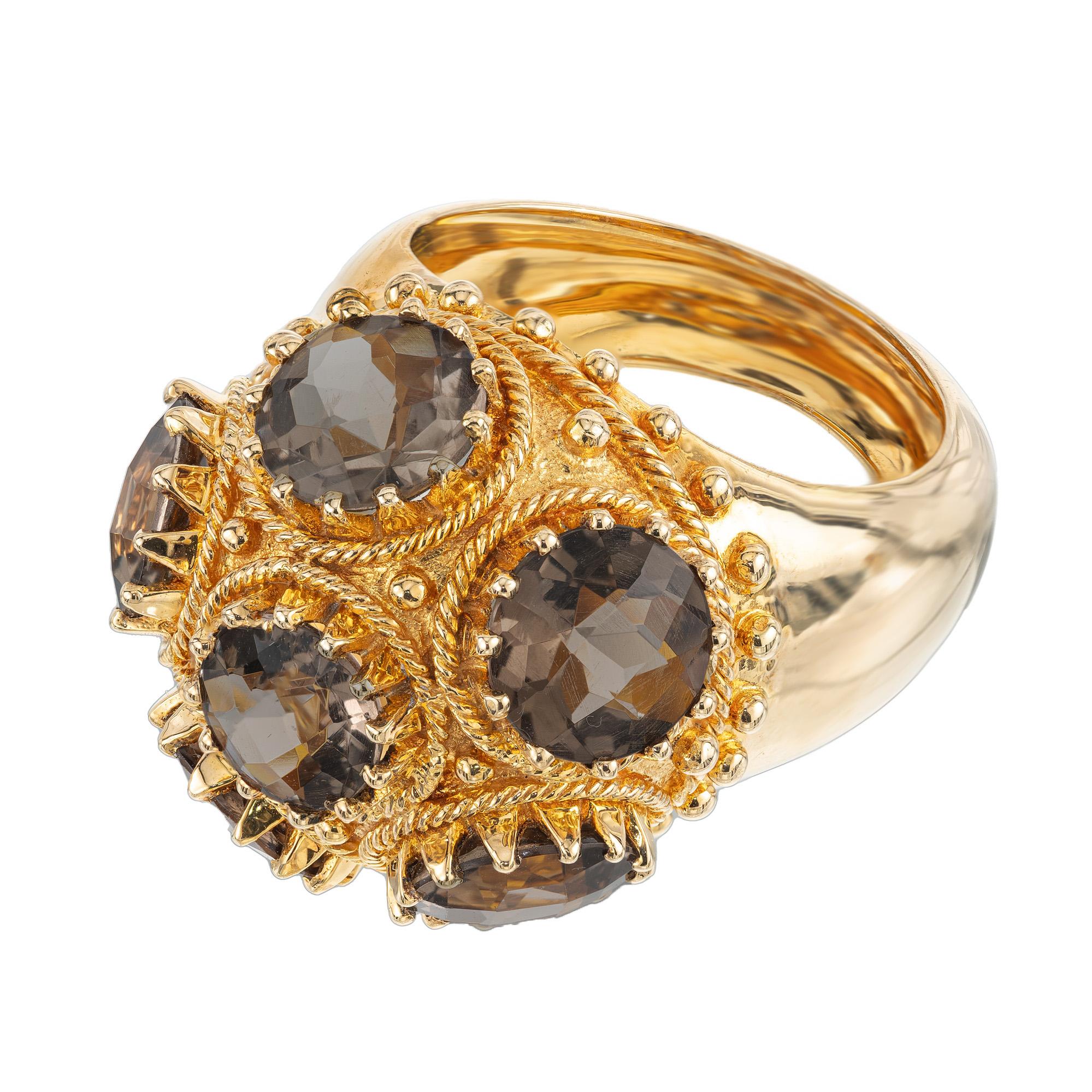 Round Cut 10.80 Carat Smoky Quartz Domed Mid Century Yellow Gold Cocktail Ring For Sale