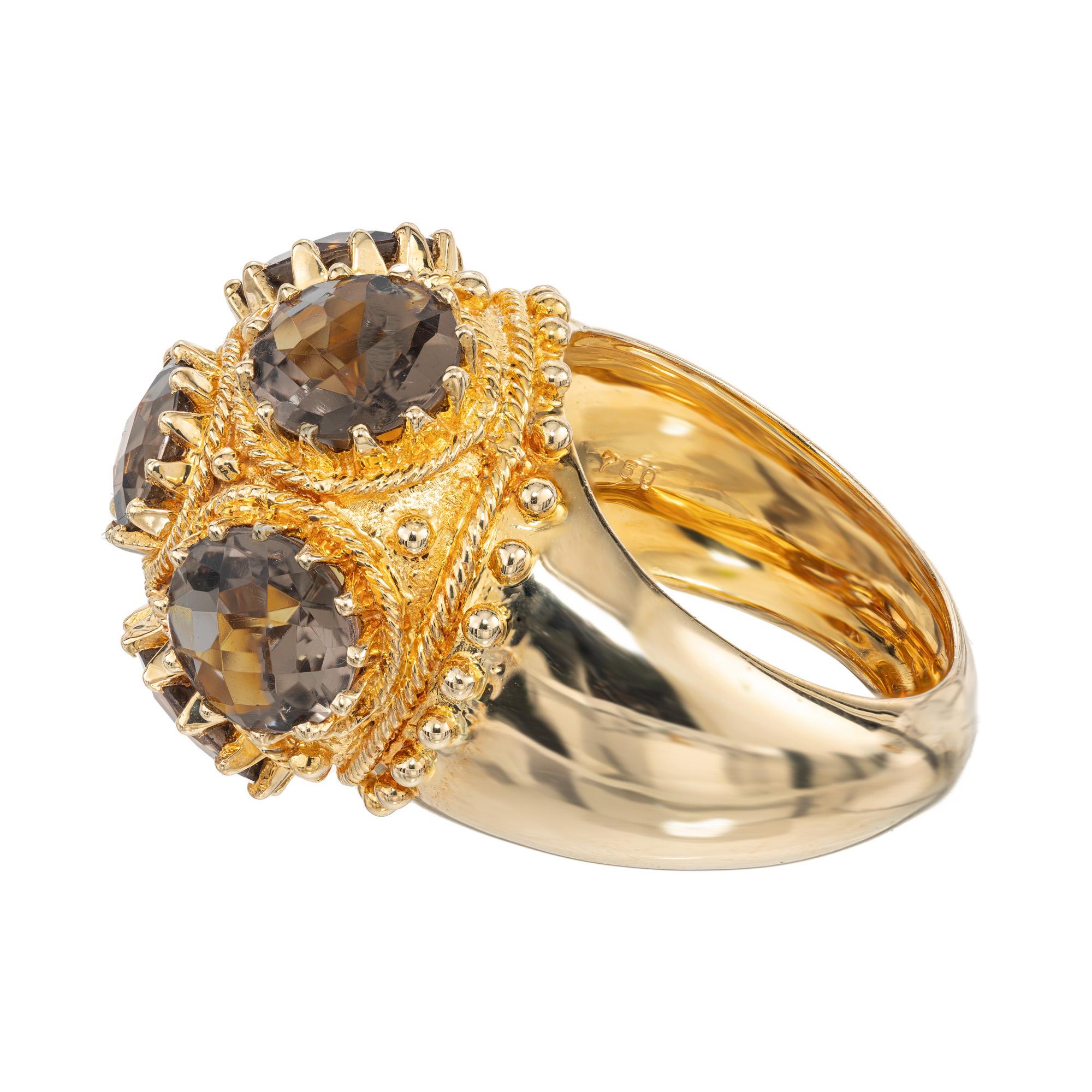 10.80 Carat Smoky Quartz Domed Mid Century Yellow Gold Cocktail Ring In Good Condition For Sale In Stamford, CT