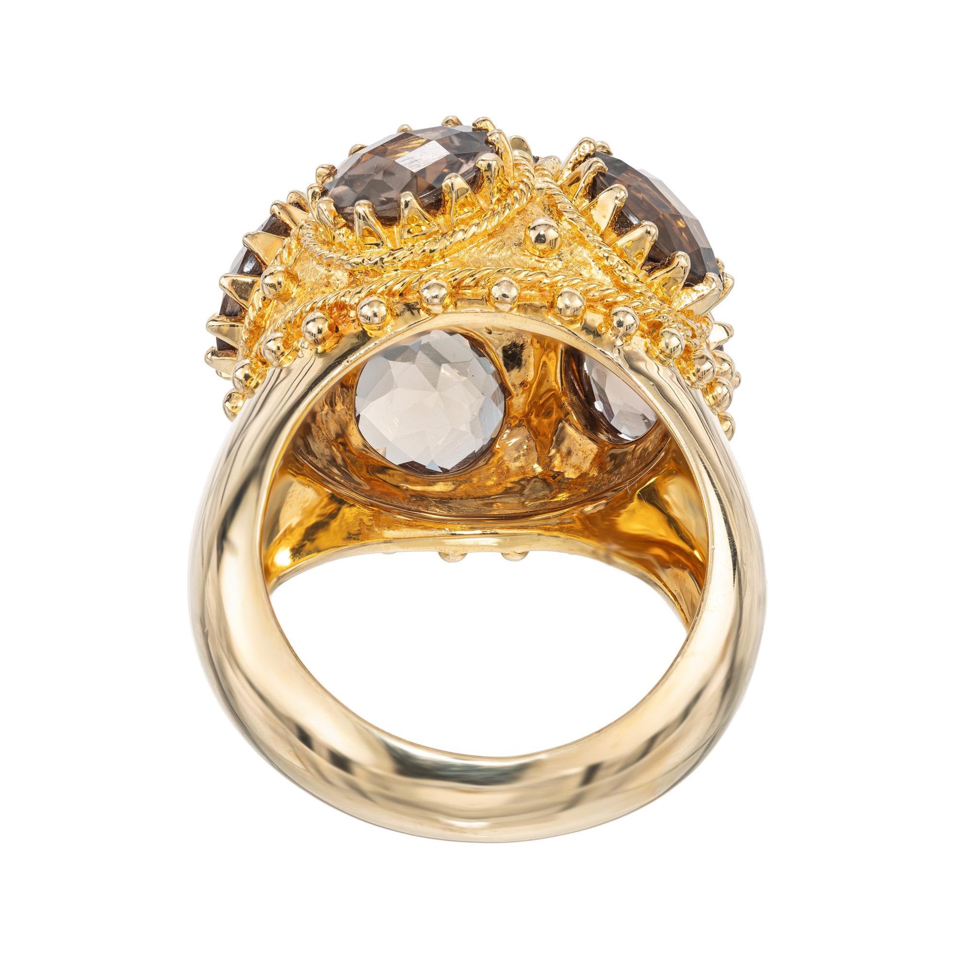 Women's 10.80 Carat Smoky Quartz Domed Mid Century Yellow Gold Cocktail Ring For Sale