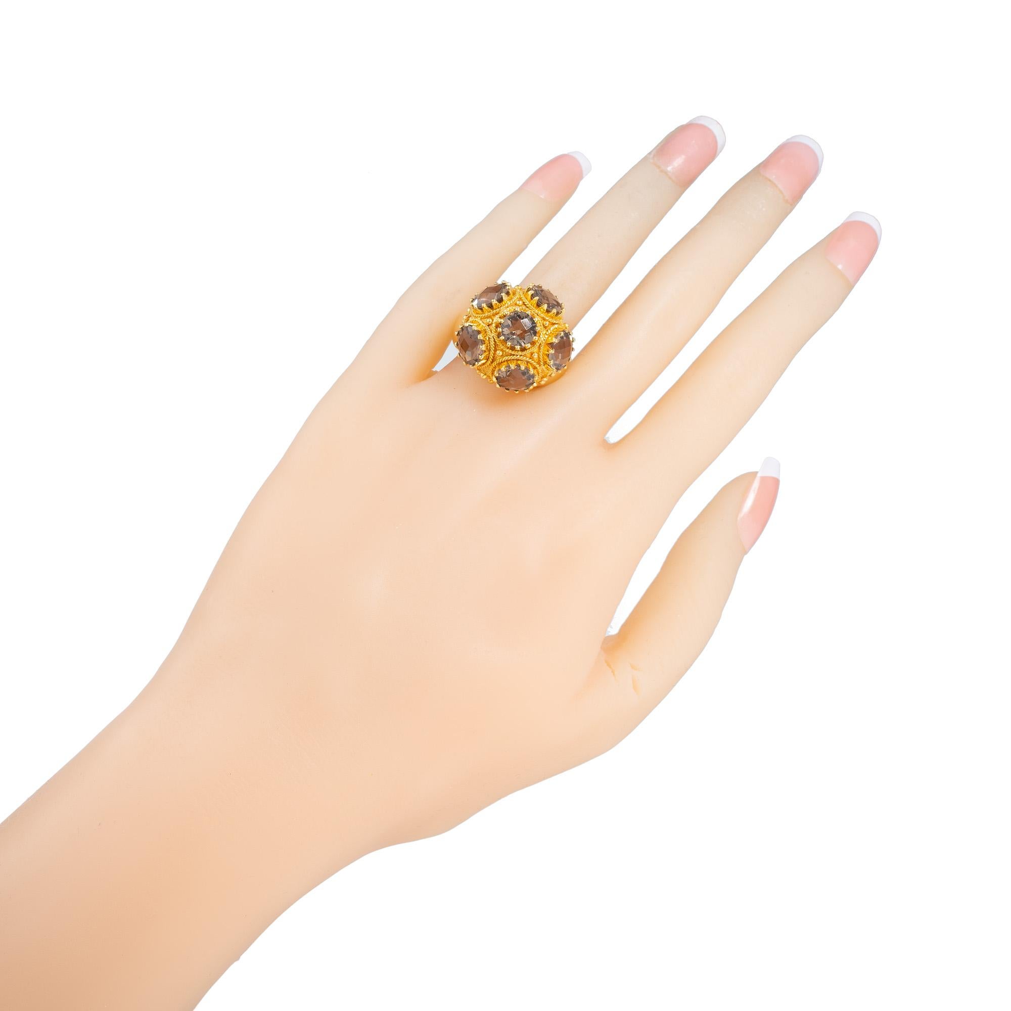 10.80 Carat Smoky Quartz Domed Mid Century Yellow Gold Cocktail Ring For Sale 2