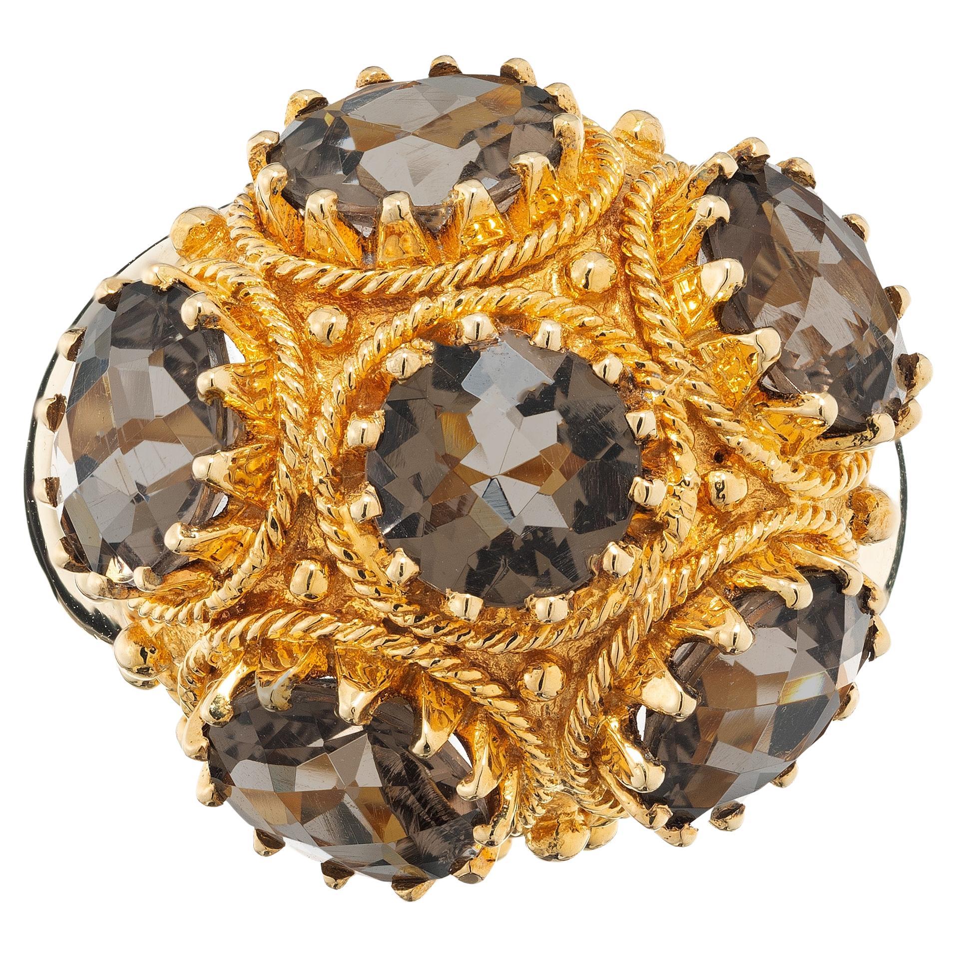 10.80 Carat Smoky Quartz Domed Mid Century Yellow Gold Cocktail Ring For Sale