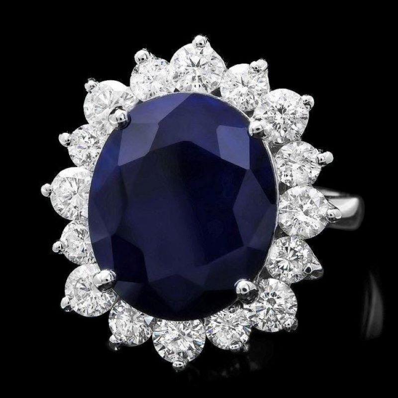 Mixed Cut 10.80 Carats Natural Blue Sapphire and Diamond 14K Solid White Gold Ring For Sale