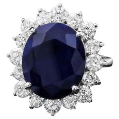 10.80 Carats Natural Blue Sapphire and Diamond 14K Solid White Gold Ring