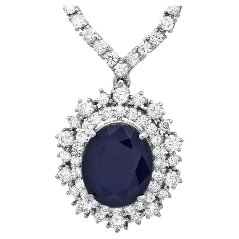 10.80Ct Natural Sapphire and Diamond 18K Solid White Gold Necklace For Sale