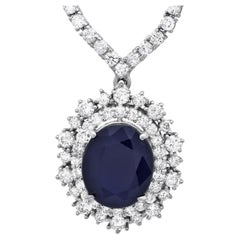 Vintage 10.80Ct Natural Sapphire and Diamond 18K Solid White Gold Necklace