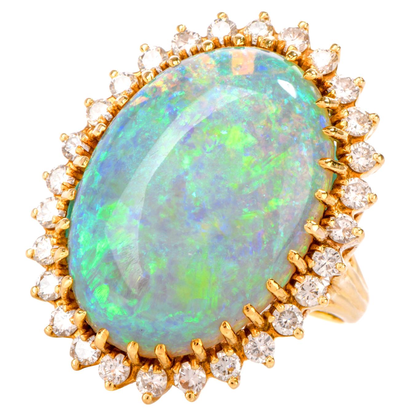 1080s Diamond and 18.60 Carat Opal 18 Karat Halo Cocktail Ring