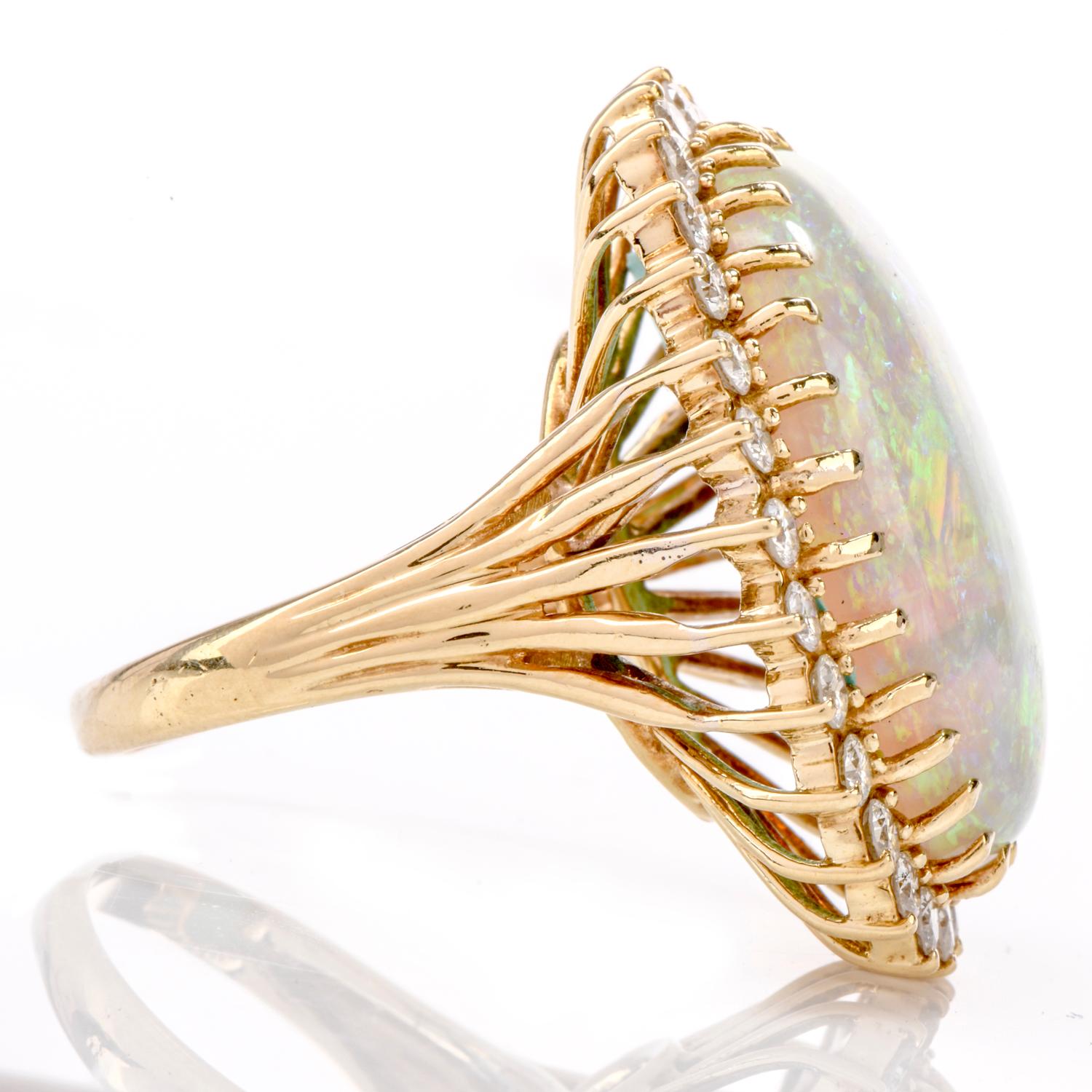 1080s Diamond and 18.60 Carat Opal 18 Karat Halo Cocktail Ring In Excellent Condition In Miami, FL