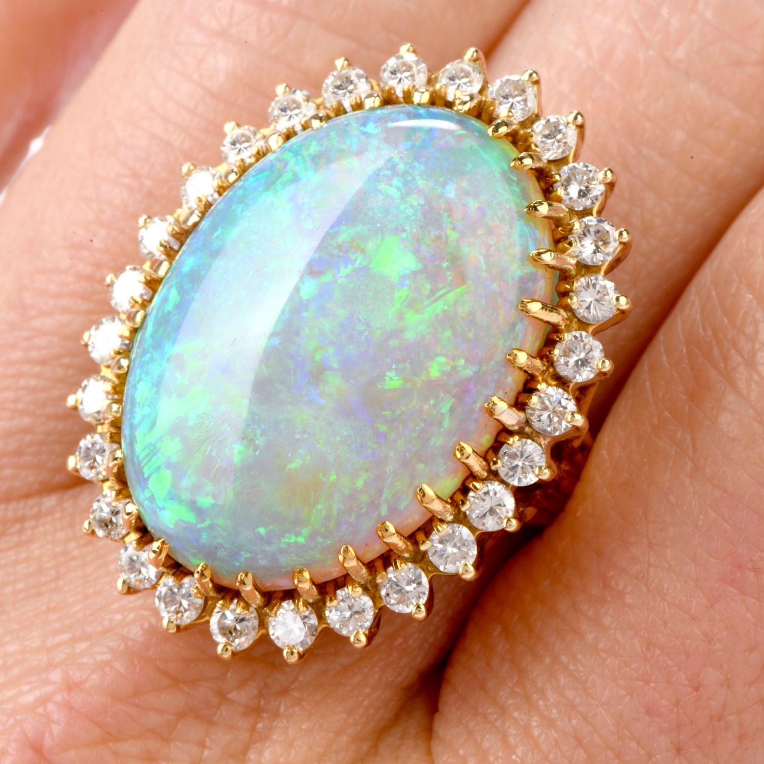 1080s Diamond and 18.60 Carat Opal 18 Karat Halo Cocktail Ring 2