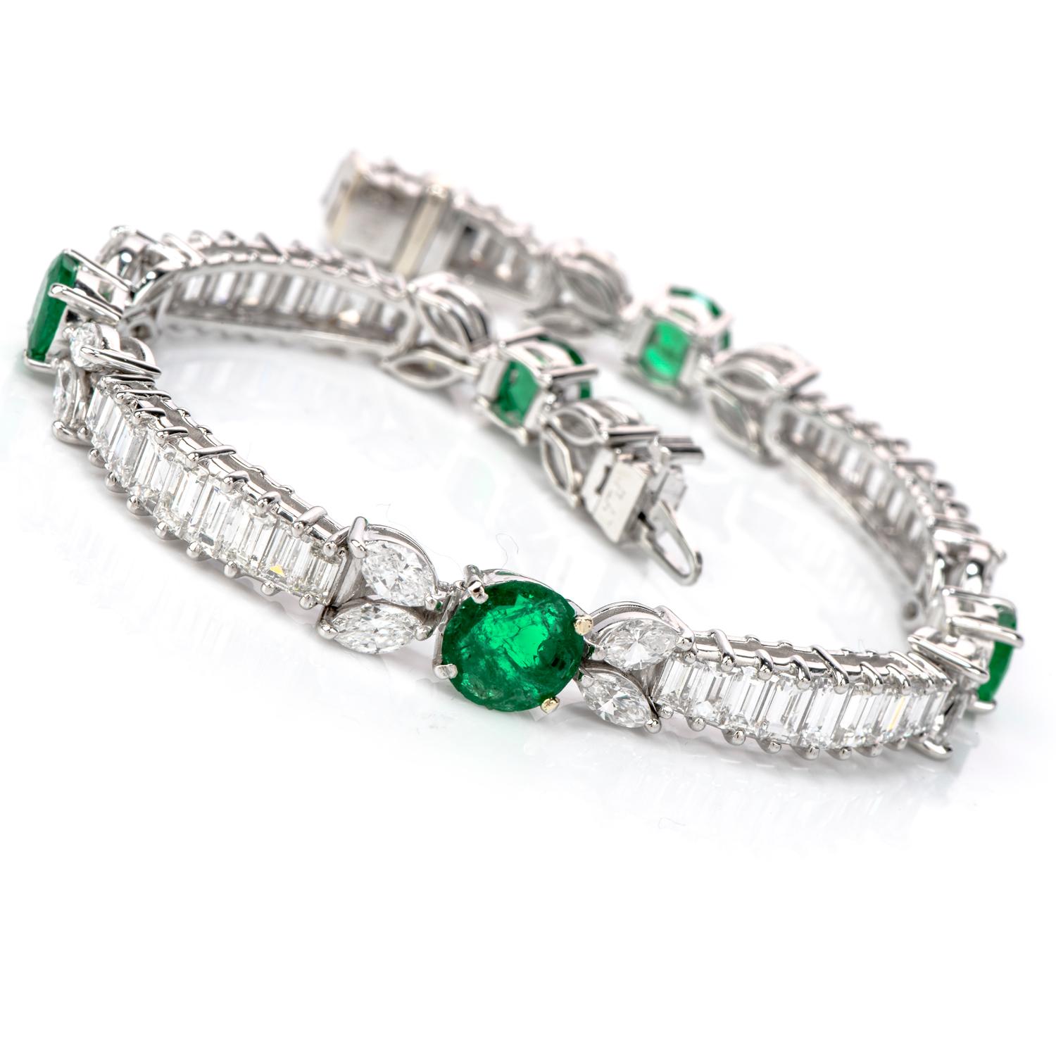 Acquire this sophisticated and eye-catching Diamond Emerald Platinum Round Marquise and  Baguette Bracelet to your jewelry collection! 

This platinum-made bracelet has 5 genuine emeralds, round cut, prong set,  weighing approx.
4.60 carats.
