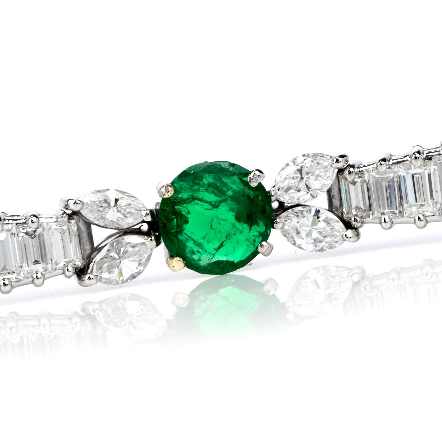 Modern 1980s Diamond Emerald Platinum Round Marquise and Baguette Bracelet