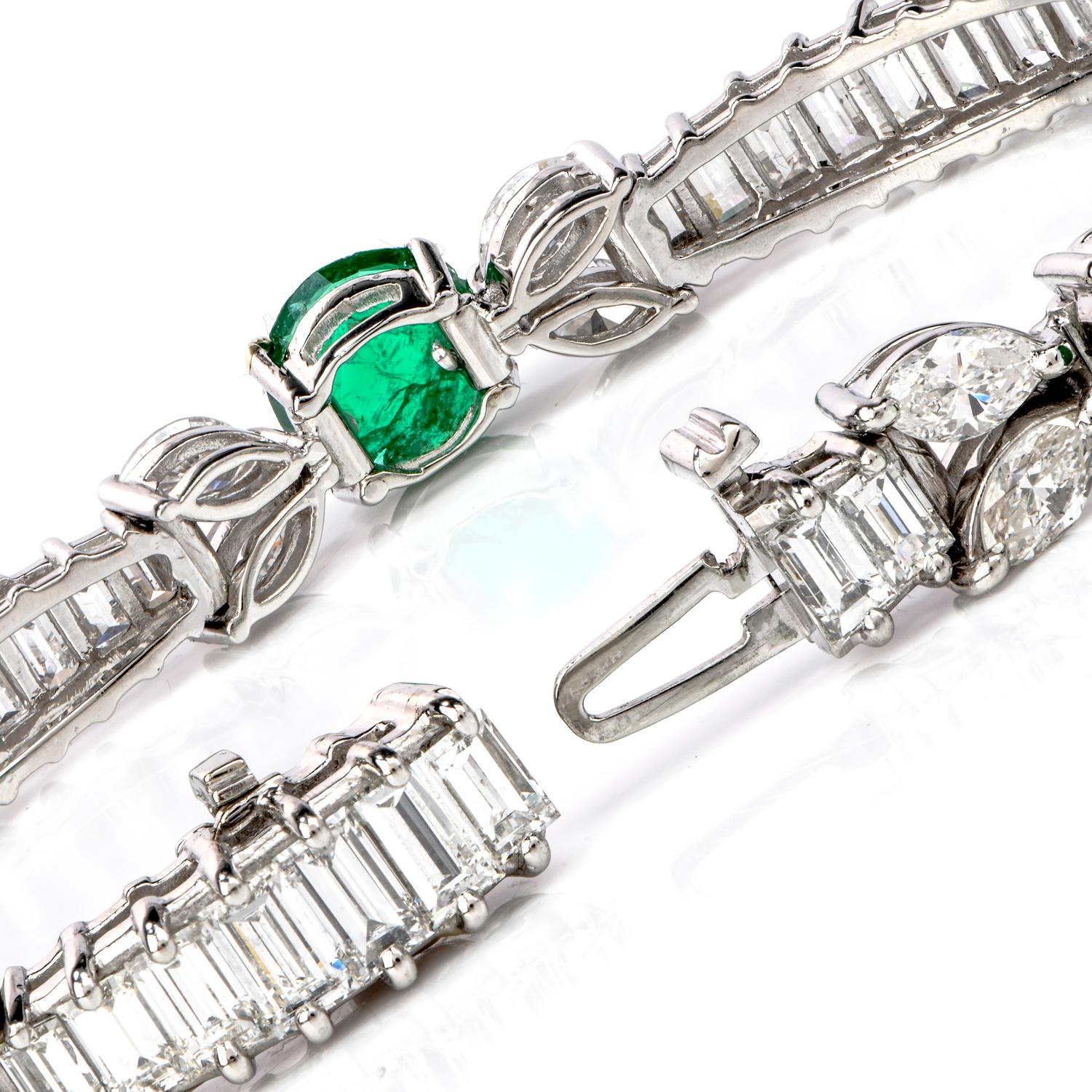 Baguette Cut 1980s Diamond Emerald Platinum Round Marquise and Baguette Bracelet