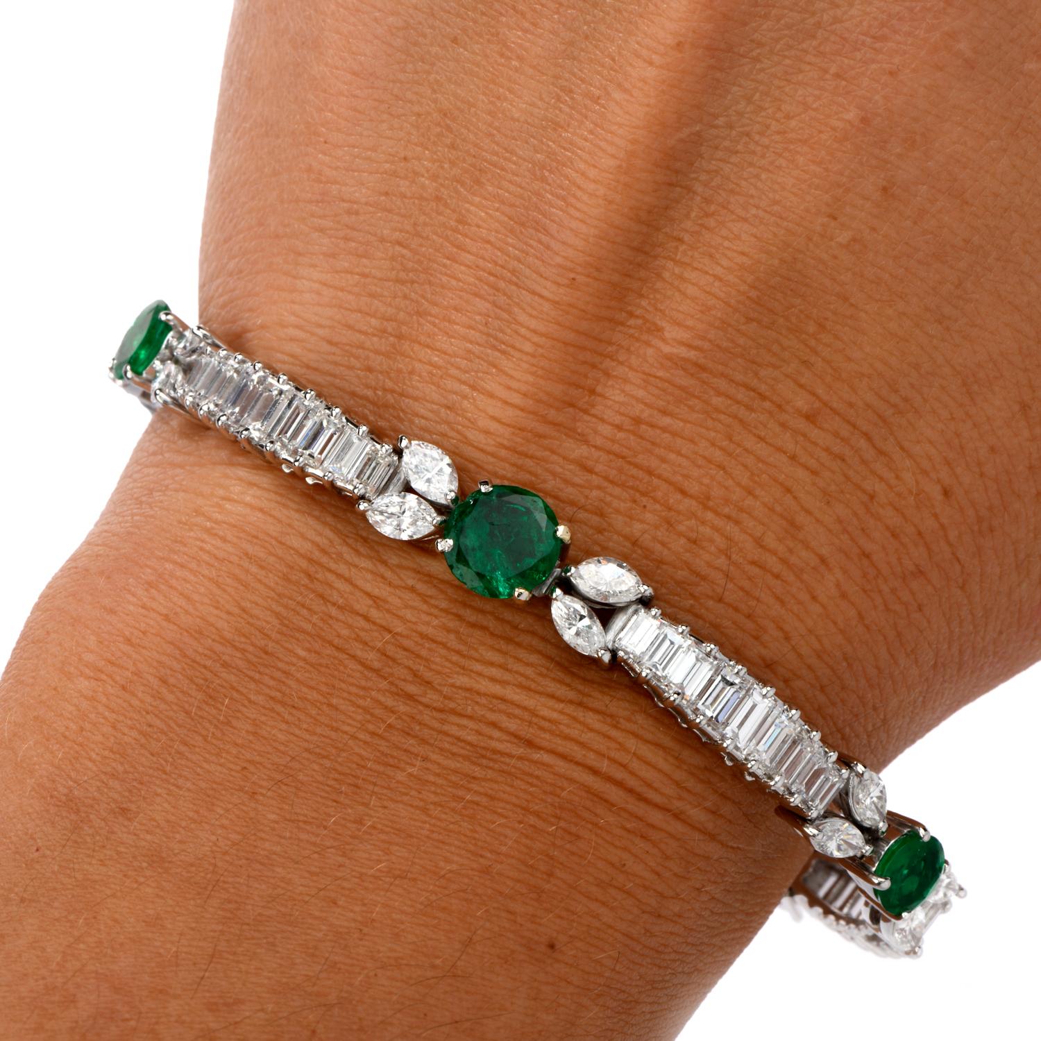 1980s Diamond Emerald Platinum Round Marquise and Baguette Bracelet In Excellent Condition In Miami, FL