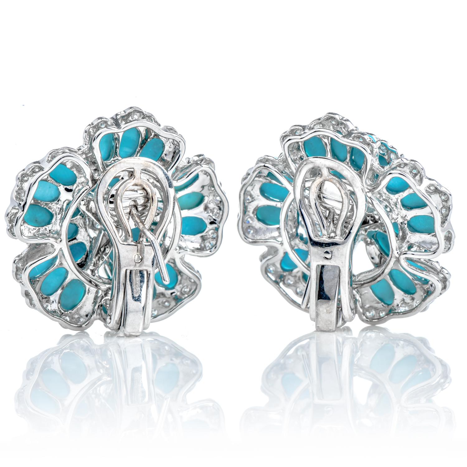 Inspired by the beauty of Blue hydrangea flowers, these romantic earrings have a subtle and elegant combination of color and sparkle.

Crafted in solid 18K White Gold.

Each flower is adorned in the center & petals by 126 round cut diamonds,