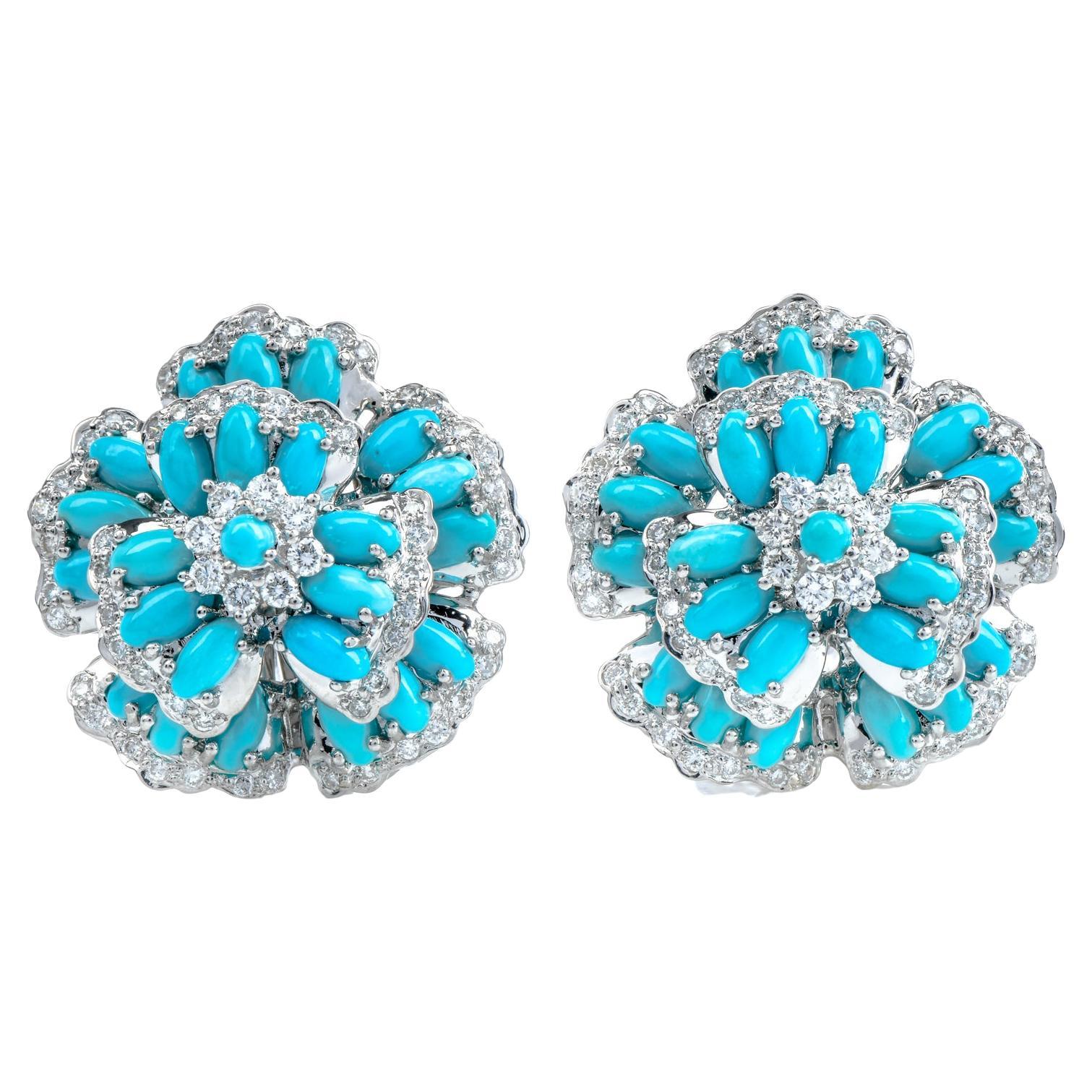 1080s Diamond Fine Turquoise 18k Yellow Gold Blue Flower Clip on Earrings For Sale