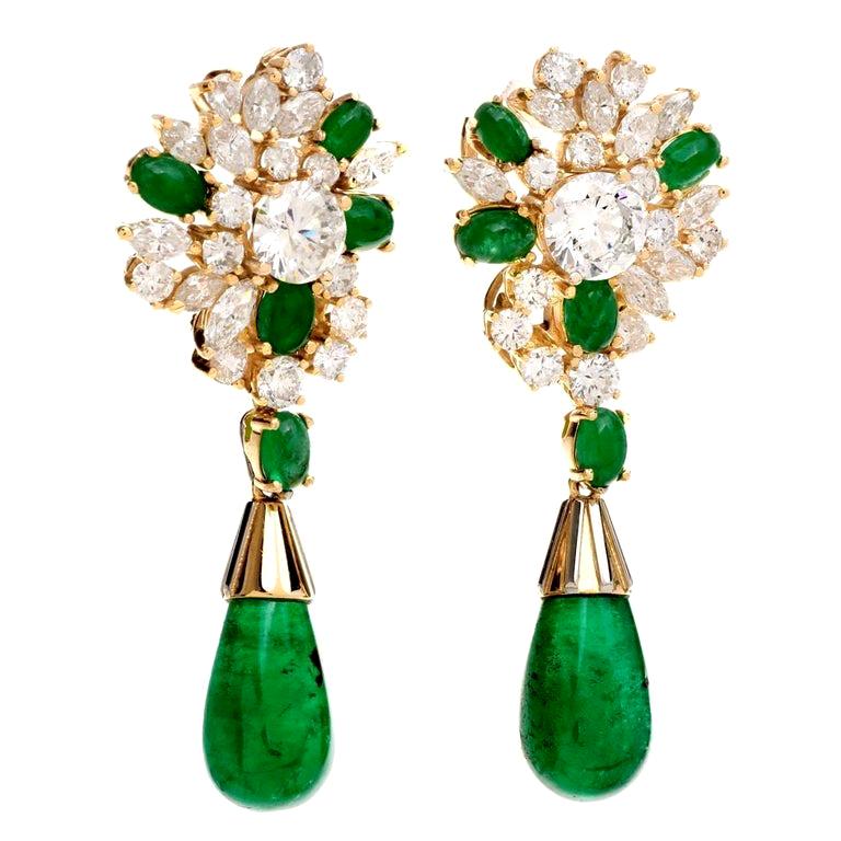 1080s Emerald 18 Karat Yellow Gold Dangle Drop Clip Back Earrings