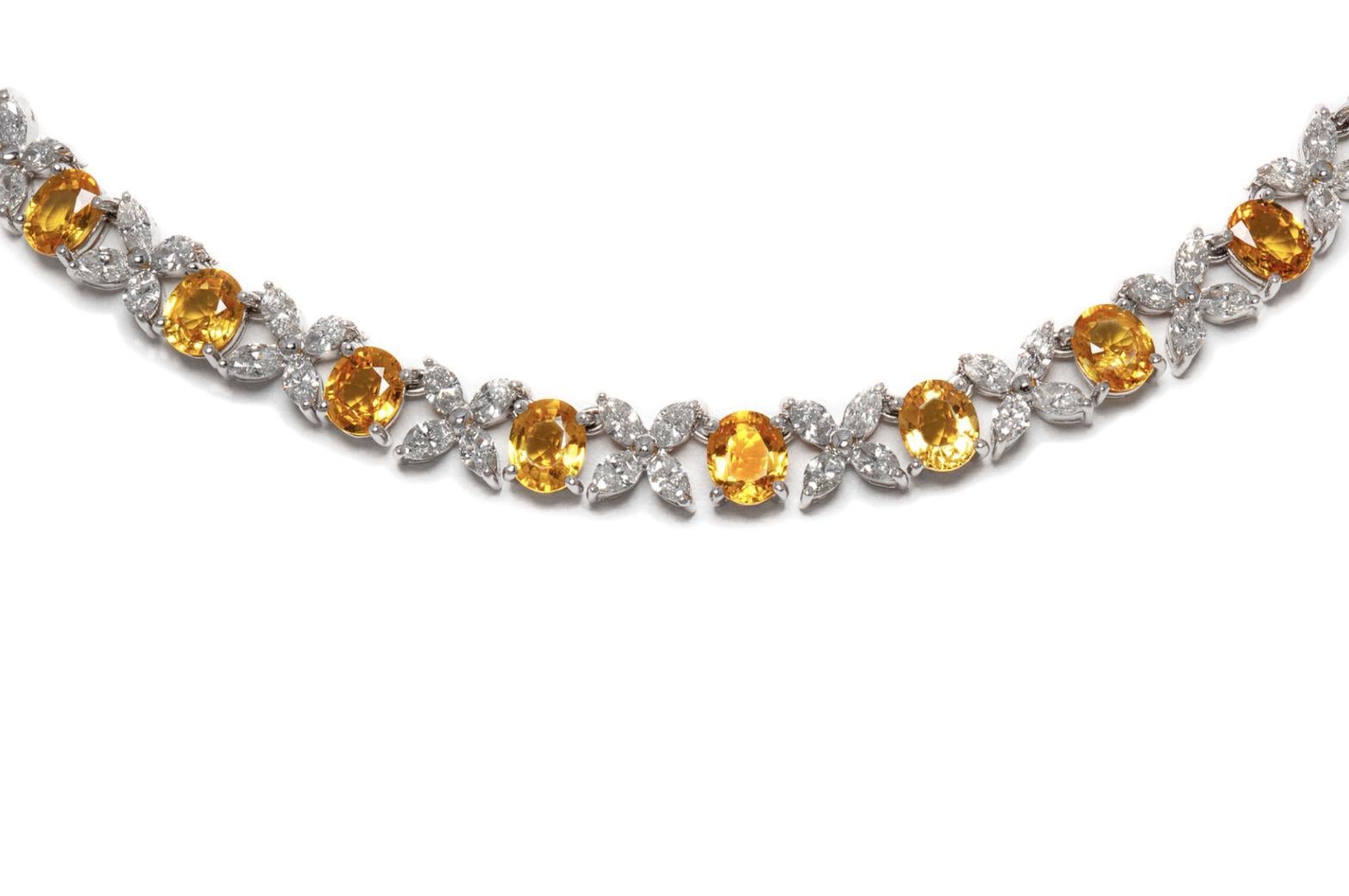 Taille Marquise Collier en diamants de 10,81 carats et saphirs jaunes de 29,36 carats en vente