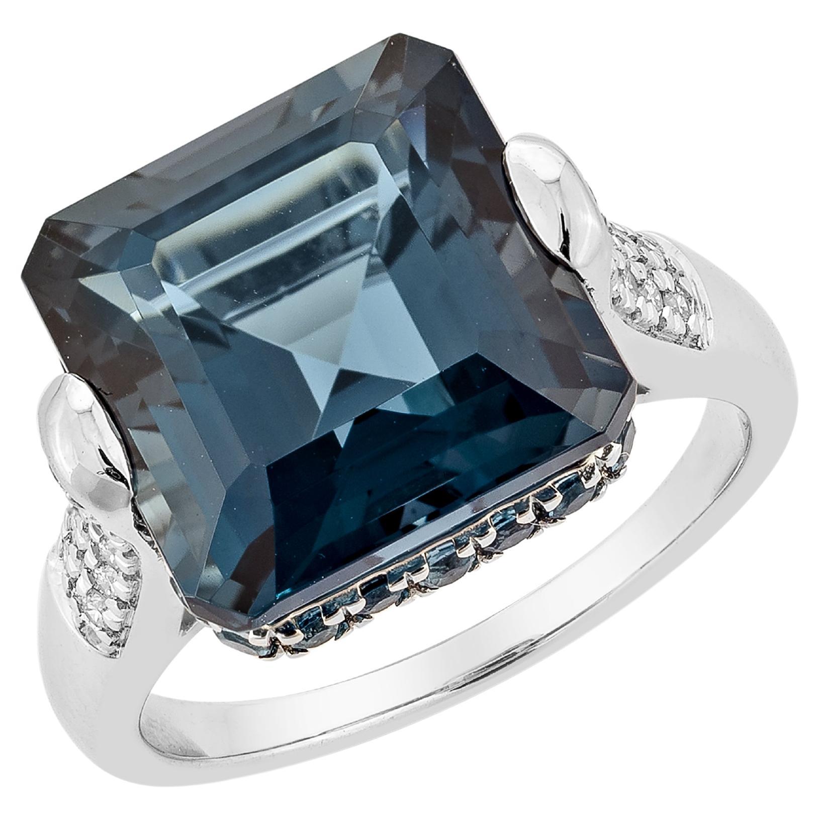 10.81 Carat London Blue Topaz Fancy Ring in 18KWG with White Diamond. For Sale